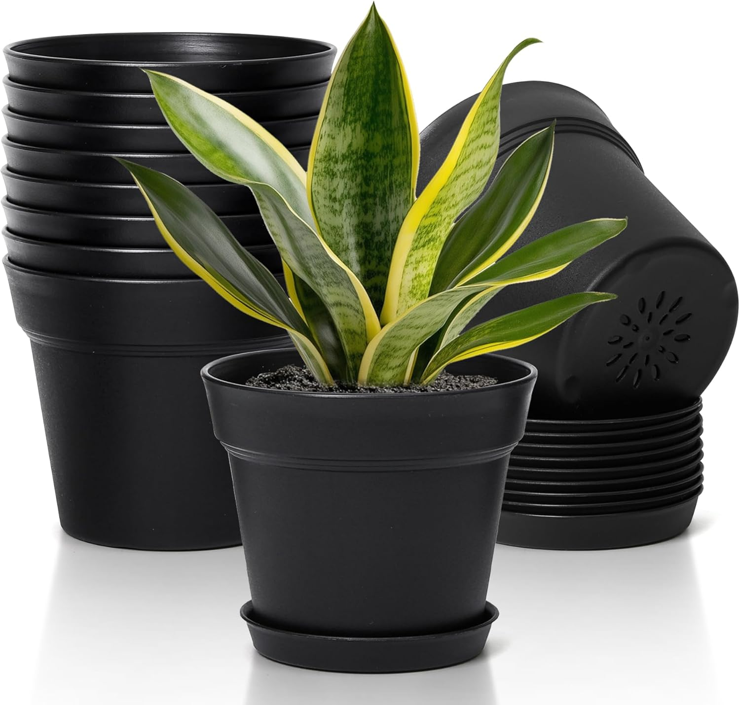 T4U 5 Inch Plastic Planters 18-Pack - Small Plant Pot with Drainage Hole and Saucer, Decorative Nursery Flower Pot Bulk for African Violet, Snake Plant, Aloe and All House Plants Indoor (White)
