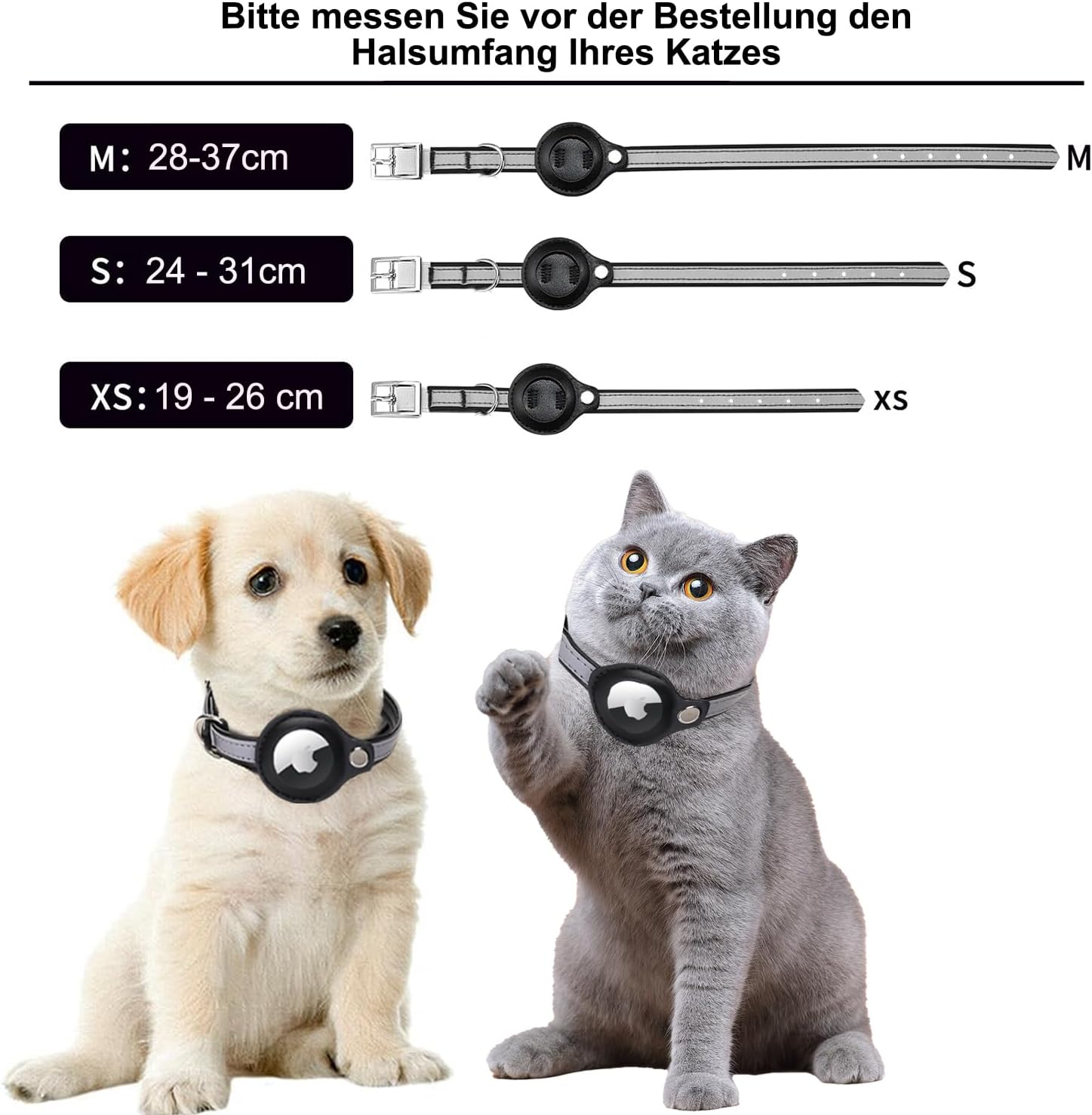 Airtag Cat Collar, Leather Airtag Collar Cat, Reflective Adjustable Cat Collar, Airtag Case for Tracking Cat, Anti-Lost, Airtag Cat for Large/Medium/Small Cat (XS, Black