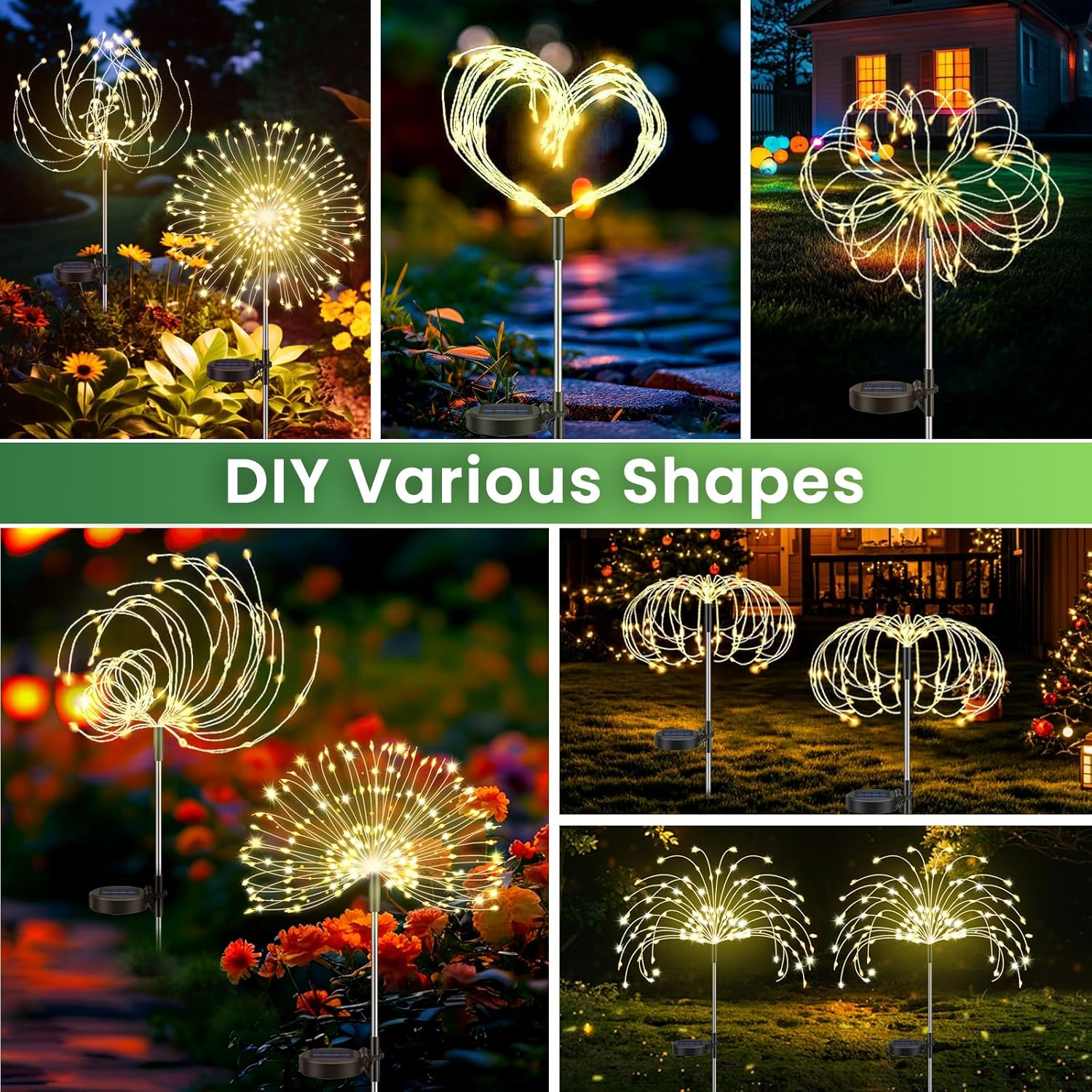 Pack of 4 Solar Lights Outdoor Garden, Dandelion Solar Firework Lights 120 Leds, 8 Modes Starburst Light, Garden Lamp Waterproof for Lawn Pathway Patio Yard Party Backyard Decoration/Warm White image number 2