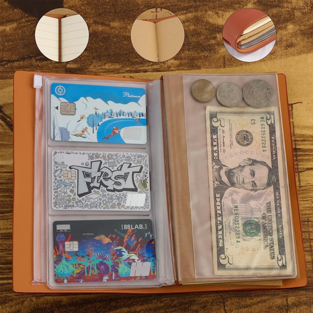 Travel Journal Notebook, Pyhot Vintage Retro Handmade Leather Journal Refillable Note Book with Kraft Paper, Lined Paper and Card Pocket,4.72 X 7.87Inch (Wine) - Brown image number 5