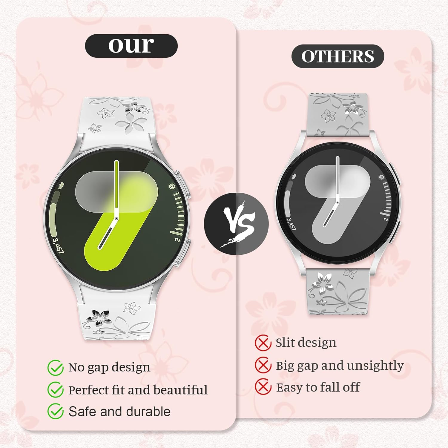 Flower Engraved Straps for Samsung Galaxy Watch 7/6/5/4/FE 40Mm 44Mm/Galaxy Watch 6/4 Classic Bands 47Mm 43Mm 46Mm 42Mm/Watch 5 Pro 45Mm Women,No Gap Band Silicone Cute Floral Armband Wristband