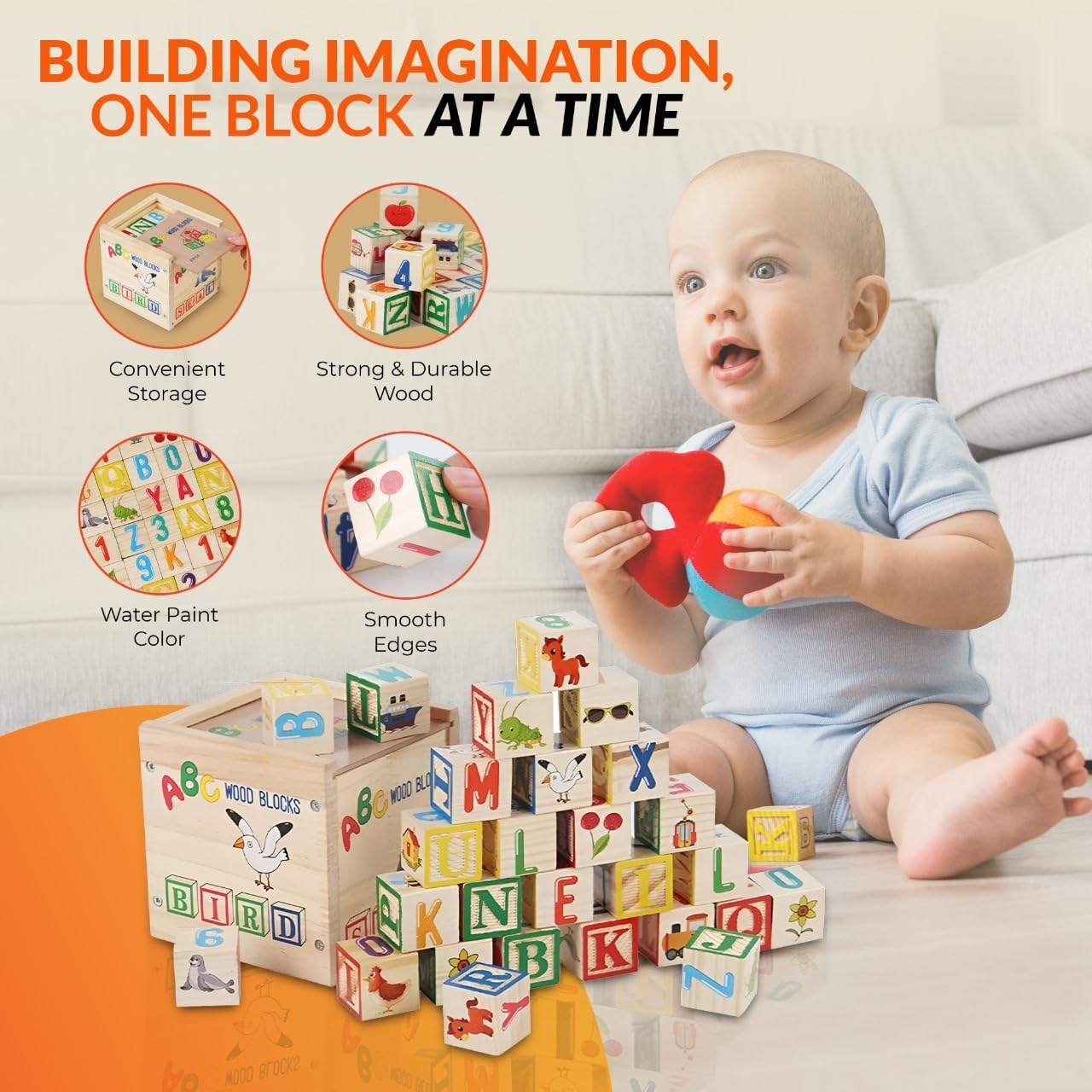 Wooden Baby ABC Block Set &ndash; 27-Piece Alphabet & Number Learning Blocks for Toddlers &ndash; Montessori Educational Toys for Preschool Learning &ndash; Beautiful Wooden Toy Set for Kids 1-3 image number 1