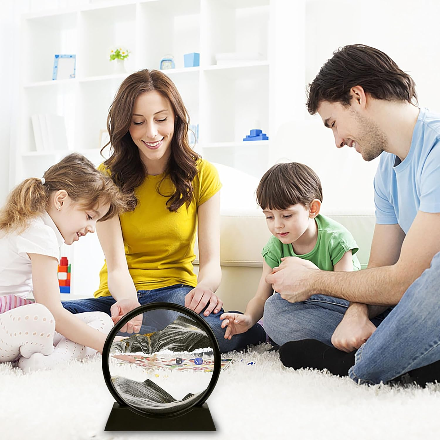 Flowing Sand 3D Natural Landscape Dynamic Art, round Glass Deep Sea Sandscape for Home Ornament, Desktop Art, Bookshelves Decoration (Black, 7 Inches)