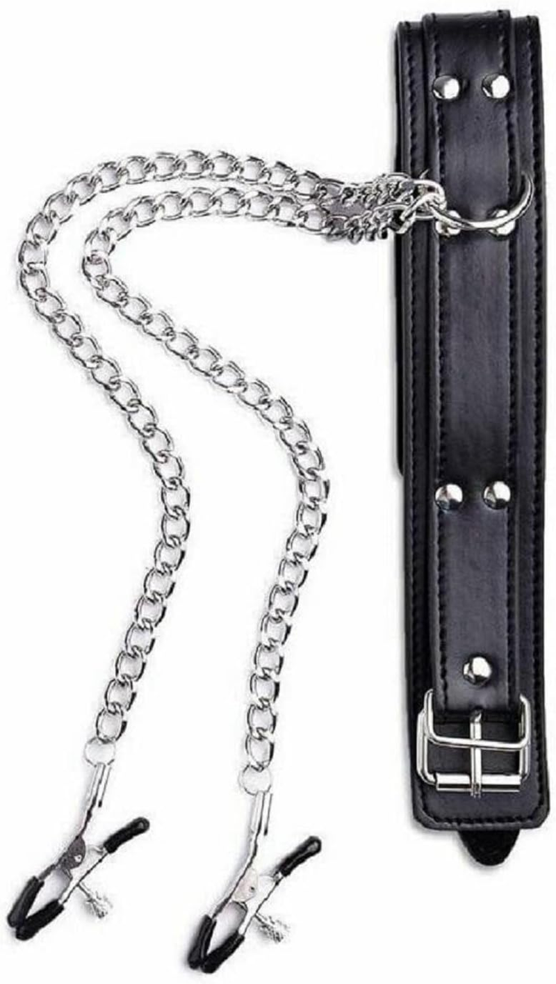 Bondage Collar Necklace with Nipple Clamps PU Faux Leather Collar Harness with Choker Metal Chains BDSM Bondage Sex Restraints Fetish Collar SM Adjustable Clips Slave Collar Fetish Slave Sex Toy Cosplay, Couples Sex Toys image number 1
