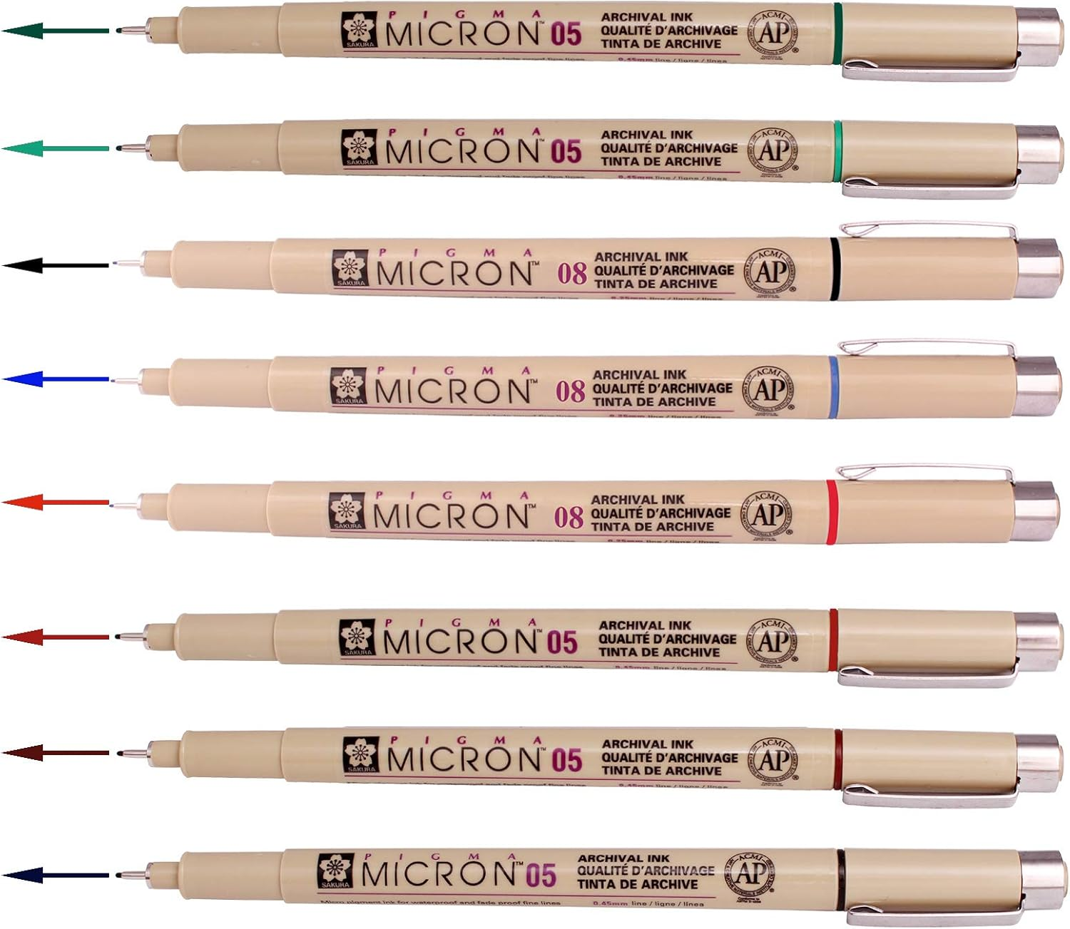 Sakura Pigma Micron Fineliners Pen High Light Soft Head Pen Manga Drawing- Assorted Color 8 Pens (Include Index Tape) 05-Assort Colors