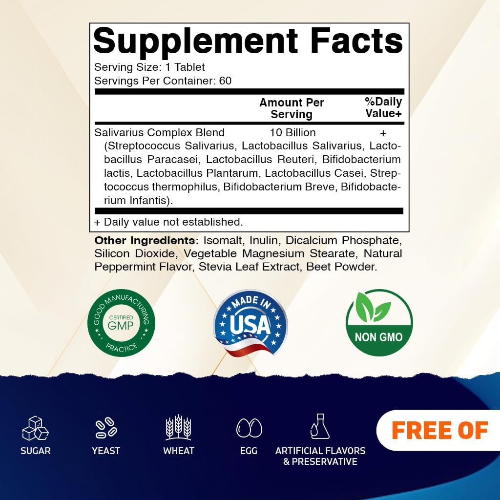 Vitamatic Salivarius Complex 10 Billion Chewable Mint Flavored Tablet - 60 Count - Oral Health Chewable Probiotics + Prebiotics - Supports Healthy Teeth, Gums, & Better Breath&hellip; image number 5