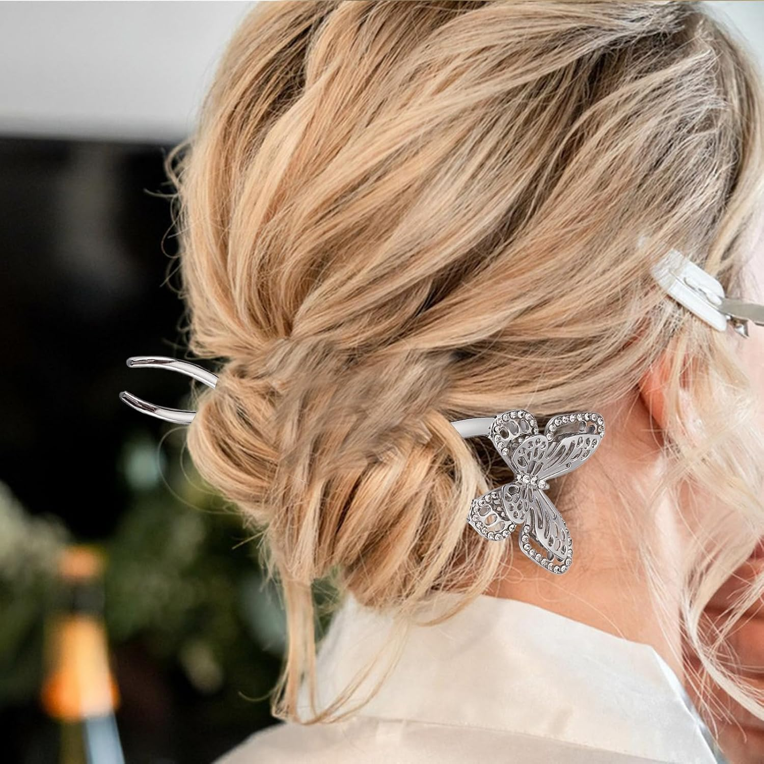 NICENEEDED 2 PCS Vintage Butterfly Hairpins, U-Shaped French Twist Alloy Hair Forks, Silver Gold Double Prong Hair Accessories for Wedding Party Holiday Daily image number 3