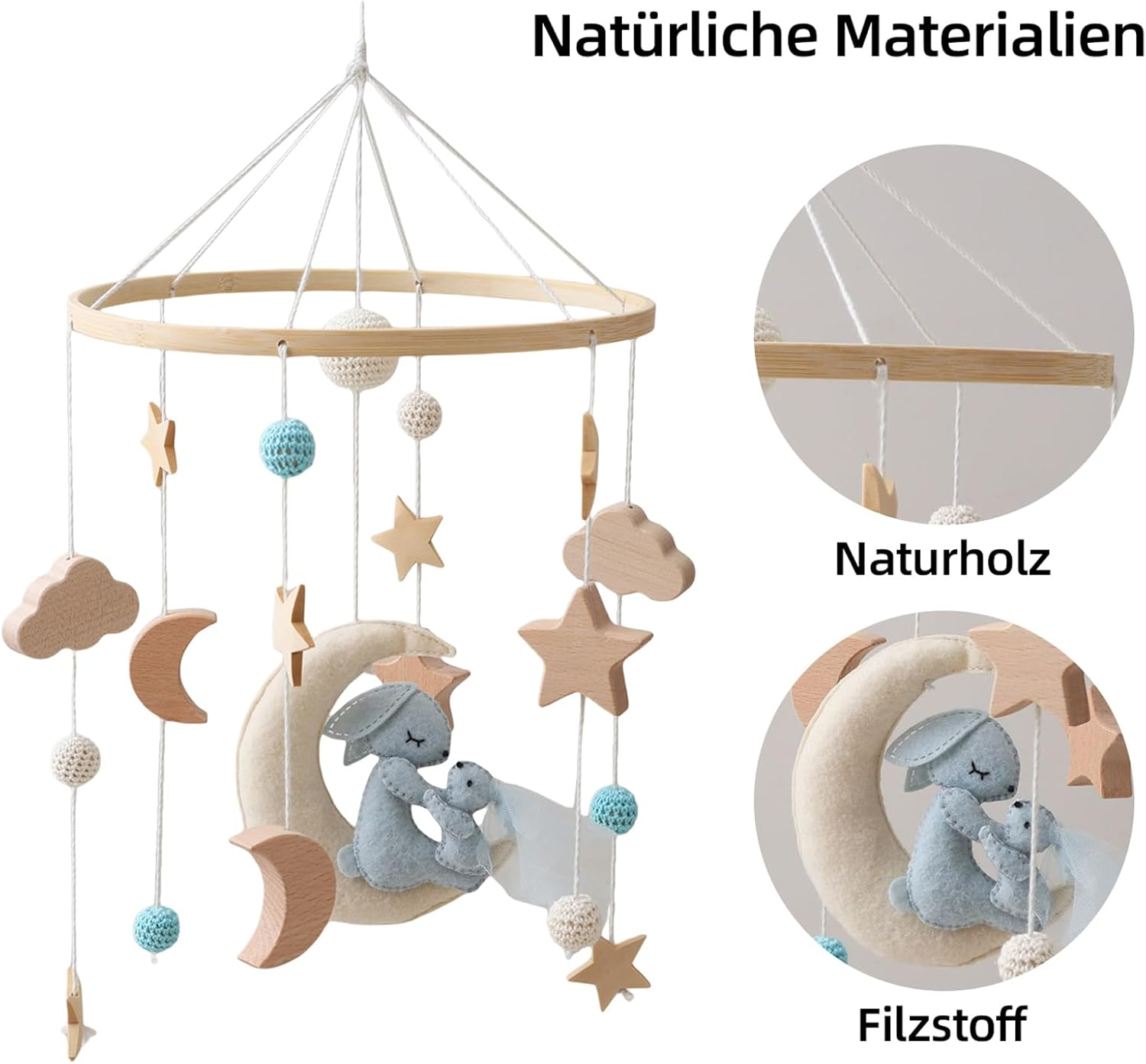 Mobile Baby Moon Rabbit Baby Bed Bell with Stars Clouds Wind Chimes Baby Mobile Cute Baby Room Decoration Newborn Gift for Boys Girls image number 3