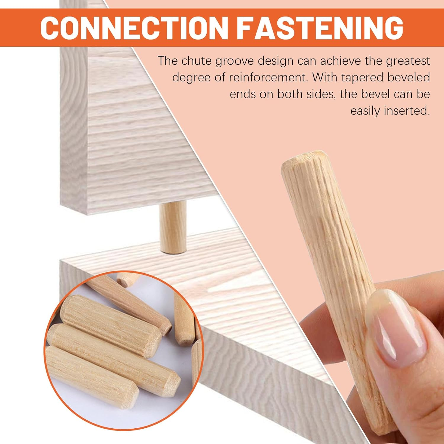 Tanstic 200Pcs 9 Sizes Wooden Dowel Pins, 6Mm 8Mm 10Mm Wood Beveled Ends Tapered Pins, Straight Groove Wooden Dowel Pins for Furniture Door Art Crafts Projects