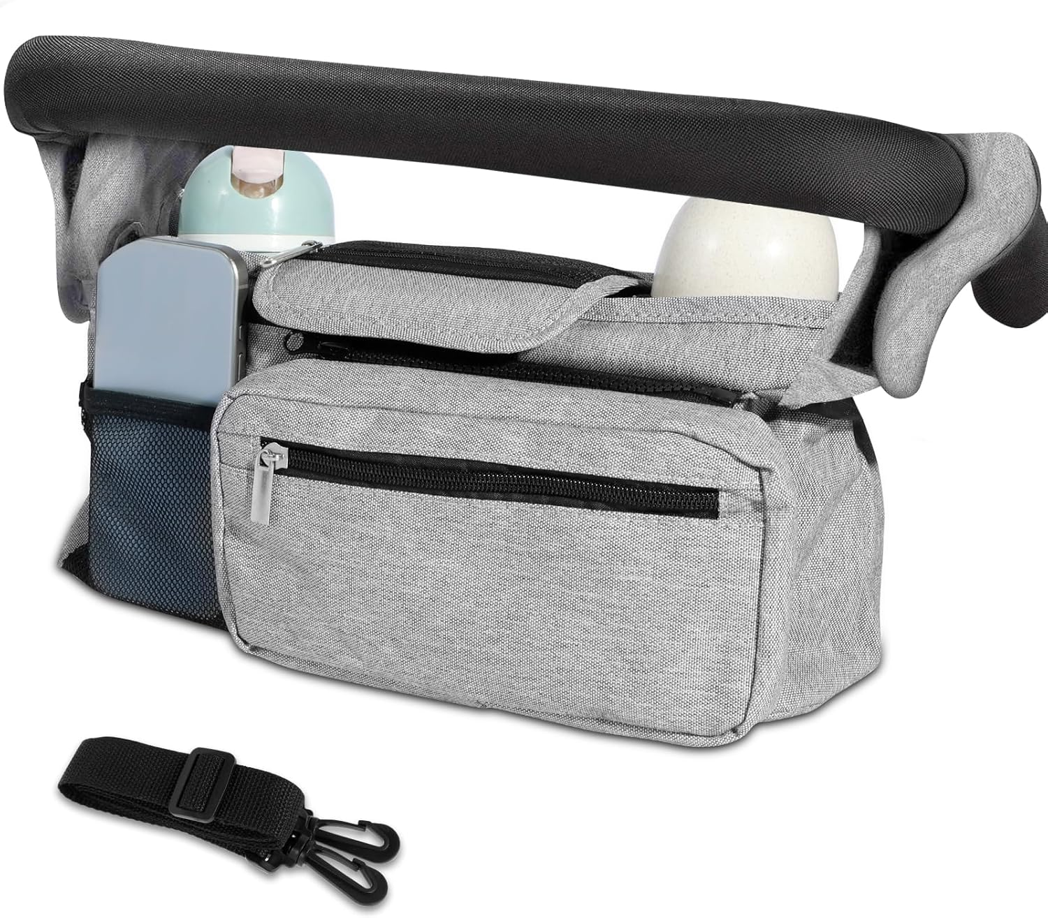 Fxvhojq Baby Stroller Organizer Newborn Baby Girl or Boy Tote with 2 Cup Holder Waterproof Oxford Stroller Caddy Organizer with Detachable Pocket for New Parents, New Mom (Black)