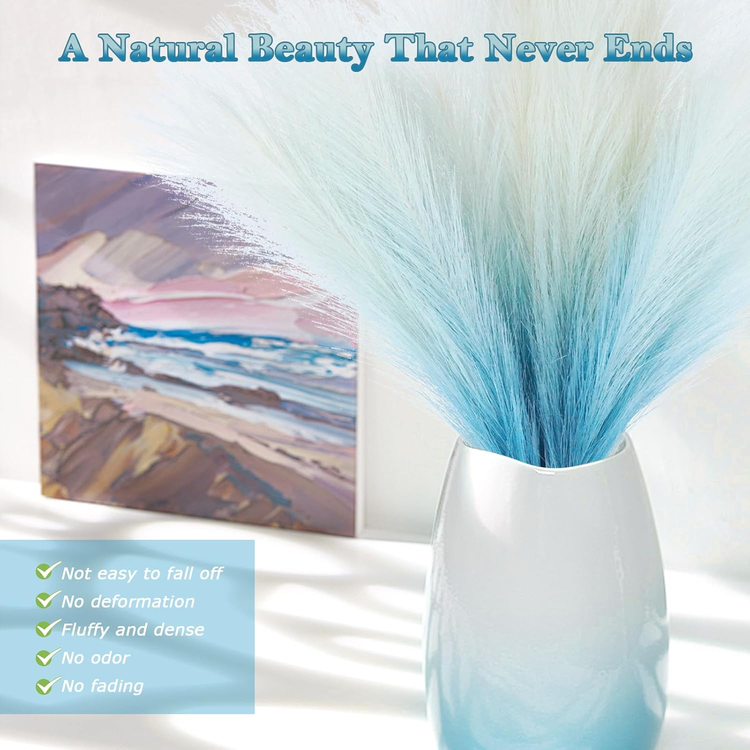 Lenamos 6 PCS Faux Pampas Grass Arrangement - 17.7"/45Cm Artificial Fluffy Pompous Grass Stems for Boho Chic Home and Wedding Decor (Gradient Blue) image number 4