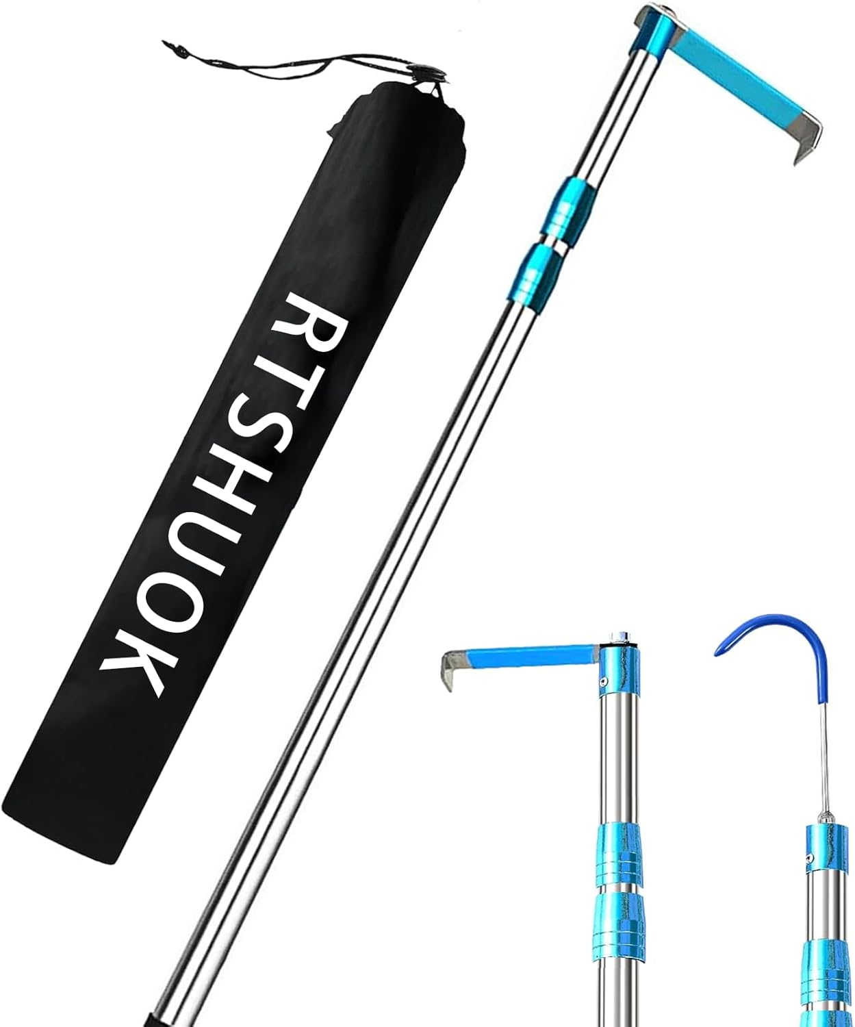 Rtshuok 6.3 Ft Truck Cargo Grabber Bed Reach Tool, Expandable Heavy Duty Stainless Steel Truck Telescoping Pull Pole with Two Hooks for Pickuptruck SUV Boat Accessories