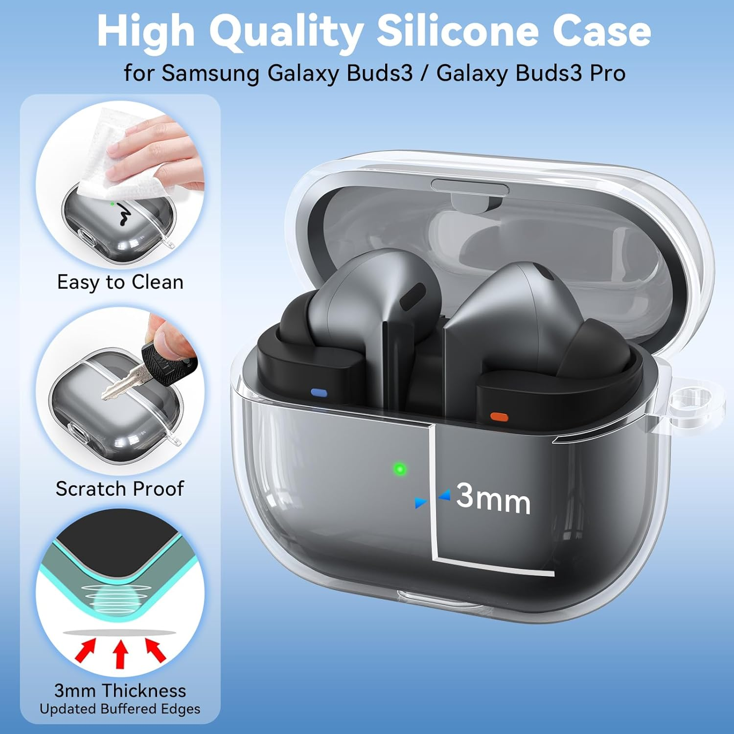 Leonids Case for Samsung Galaxy Buds 3/Galaxy Buds 3 Pro Cover, Anti-Scratch TPU Clear Case with Key Chain & Cleaner Kit for Galaxy Buds 3/3 Pro (Clear) image number 2