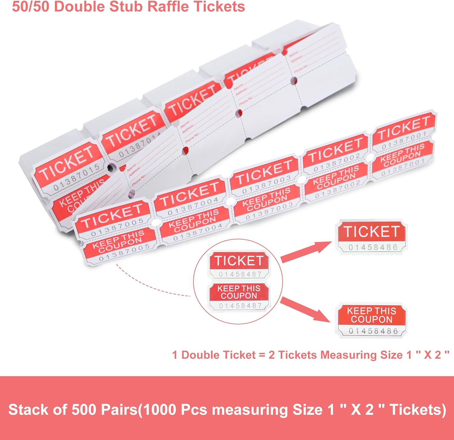L LIKED 500 Red Double Raffle Tickets 50/50 Tickets for a Raffle or Drawing