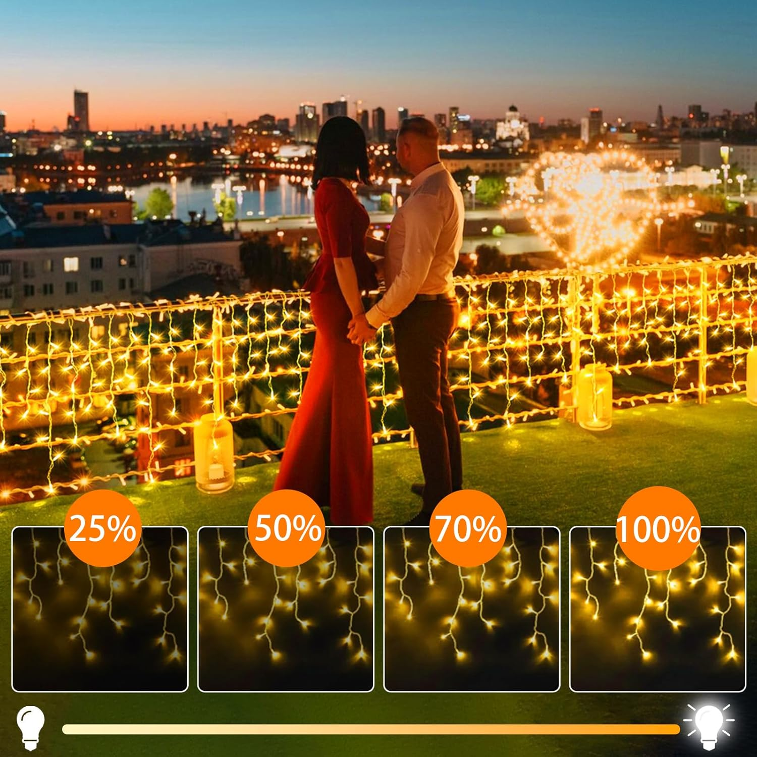 Solar Warm Icicle Lights, 35.1Ft 360 LED Curtain String Lights with Timer Dimmable,8 Modes Waterproof Fairy Lights for outside Holiday, Patio, Balcony, Window, House Eaves Decorations image number 2