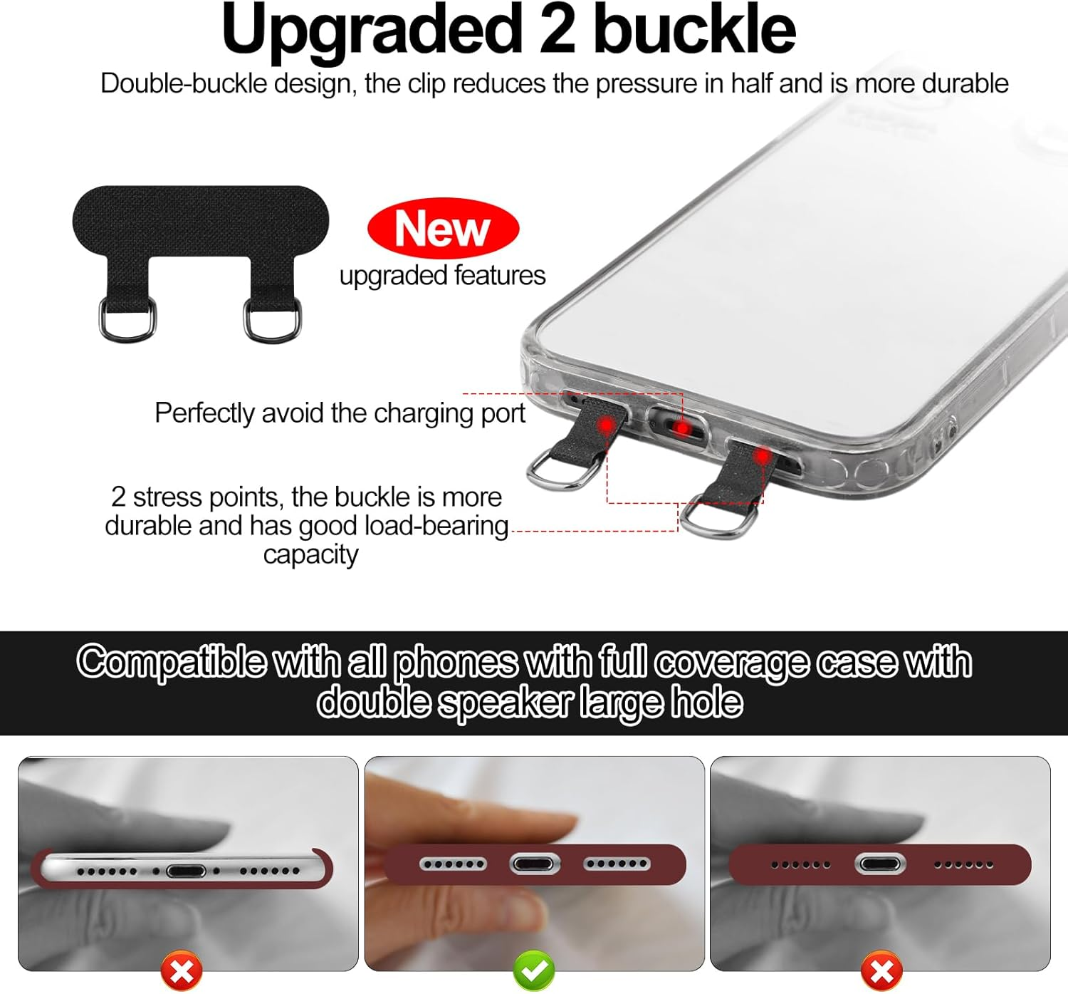 XIHIRCD 2Pcs 2 Way Phone Tether Tab, Phone Strap Patch Double Buckle Phone Lanyard Tab Cell Phone Tether Patches Phone Lanyard Patches Only for Full-Coverage Phone Cases with Two Speaker Holes, Black, image number 1