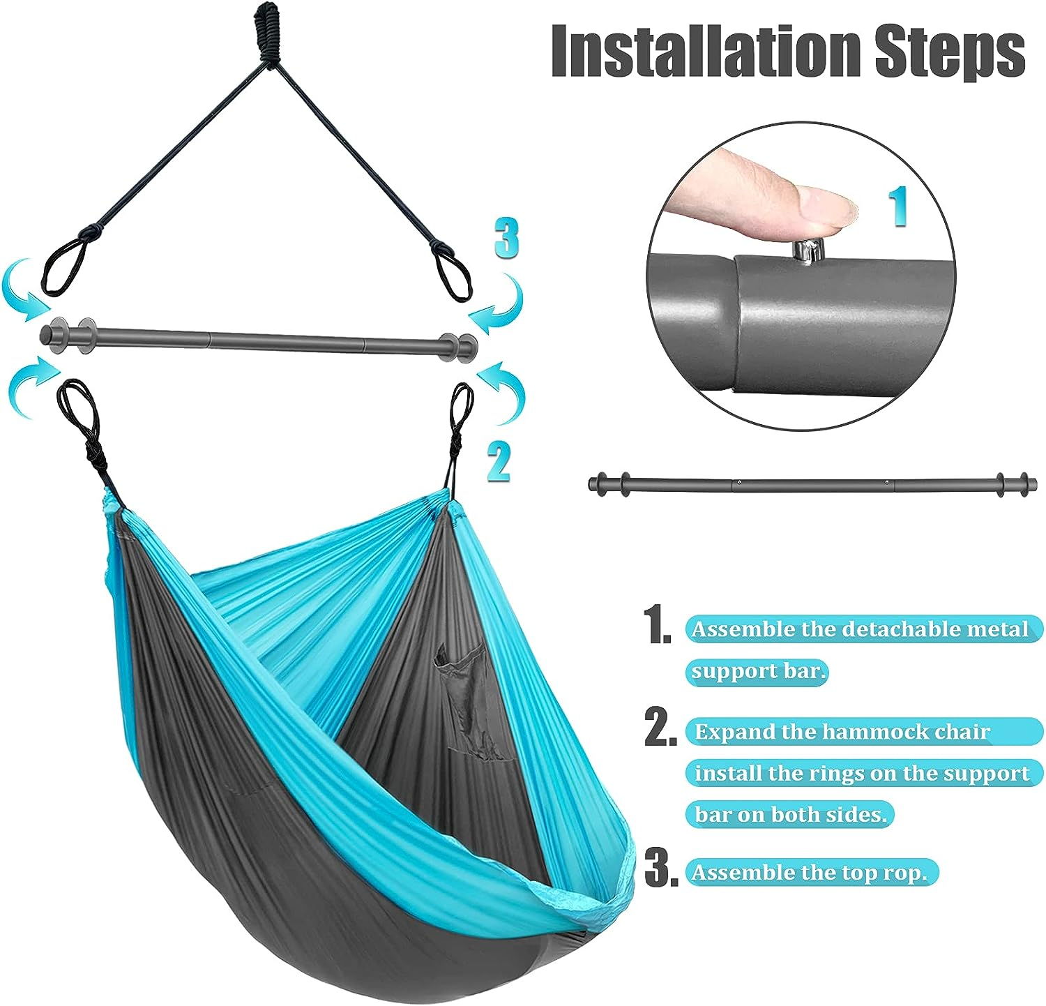 Hammock Chair, Portable Large Hanging Rope Swing - Lightweight Nylon Parachute -Max 500 Lbs - Detachable Metal Support Bar Hammock Chair Swing for Outdoor, Indoor, Backpacking, Camp, Beach image number 2