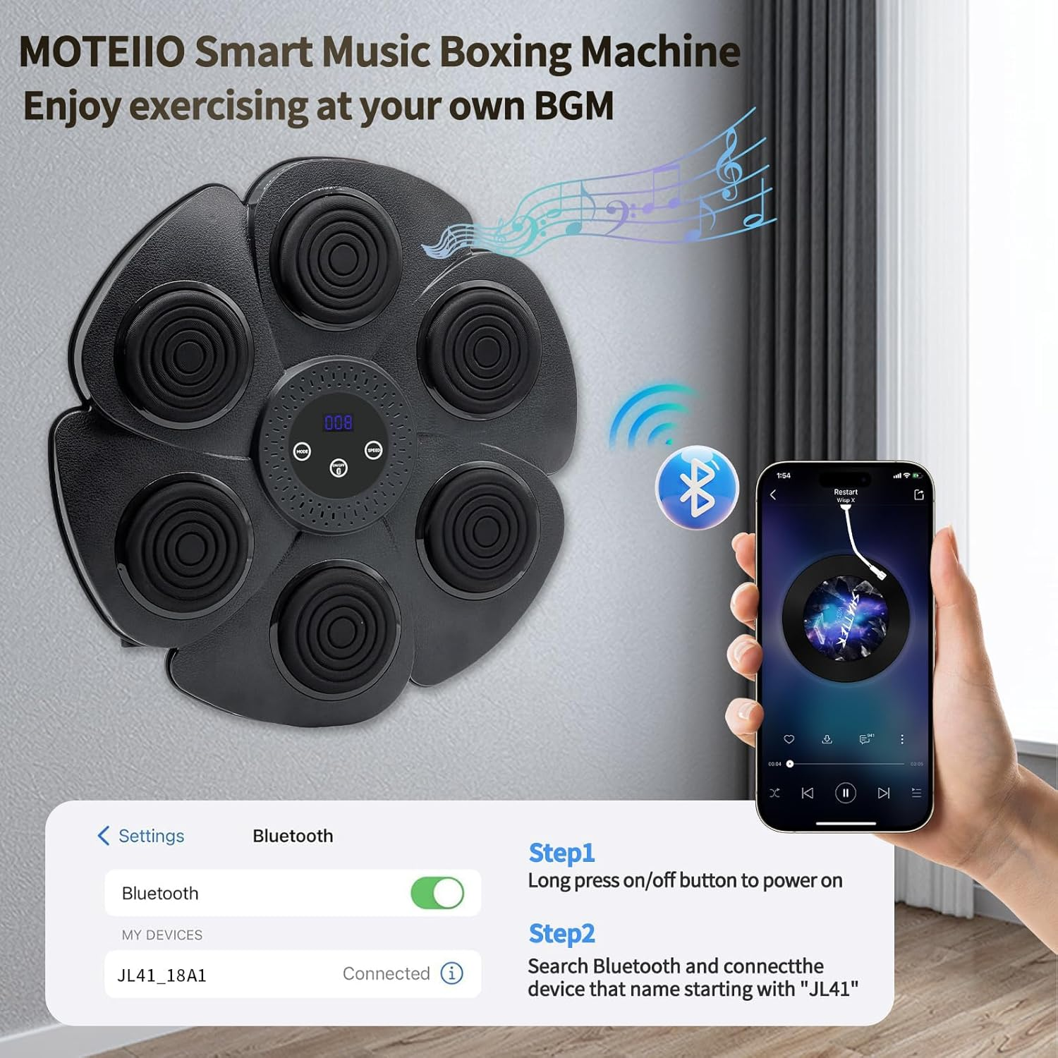 Smart Bluetooth Music Boxing Machine with LED Screen, Wall Mounted, Boxing Gloves Included for Adults and Kids Home or Gym Use