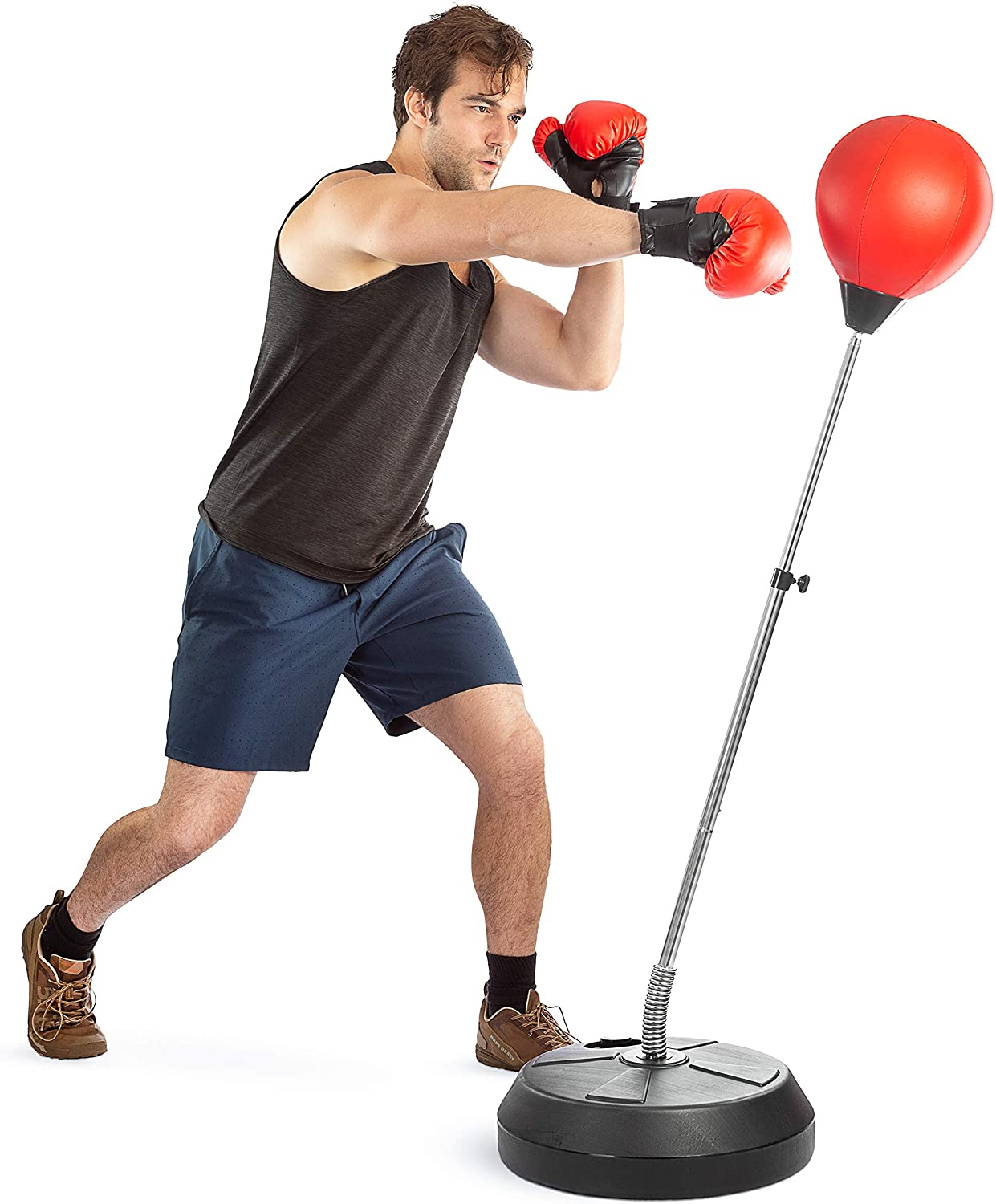 Tech Tools Boxing Ball Set with Punching Bag, Boxing Gloves, Hand Pump & Adjustable Height Stand - Strong Durable Spring Withstands Tough Hits for Stress Relief & Fitness