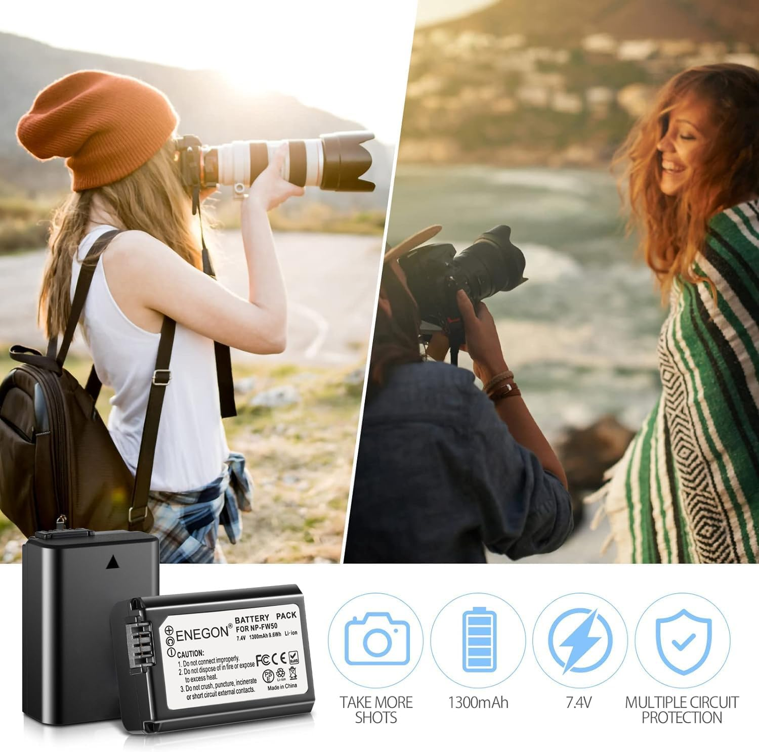 ENEGON 2X NP-FW50 Rechargeable Li-Ion Battery for Sony Alpha A3000 A5000 A5100 A55 A6000 A6100 A6300 A6400 A6500, Sony A7/A7Ii/A7S/A7Sii/A7R/A7Rii Rx10 Rx10Ii, Sony NEX 3/5/7 Series, Sony SLT-A Series image number 2