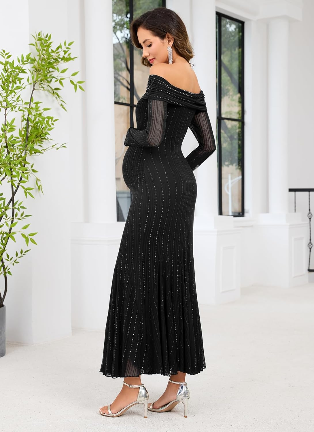 CYCLAMEN Sparkly Maternity Dress for Baby Shower off the Shoulder Long Sleeve Mermaid Pregnancy Gown with Flowy Tail Hem image number 3