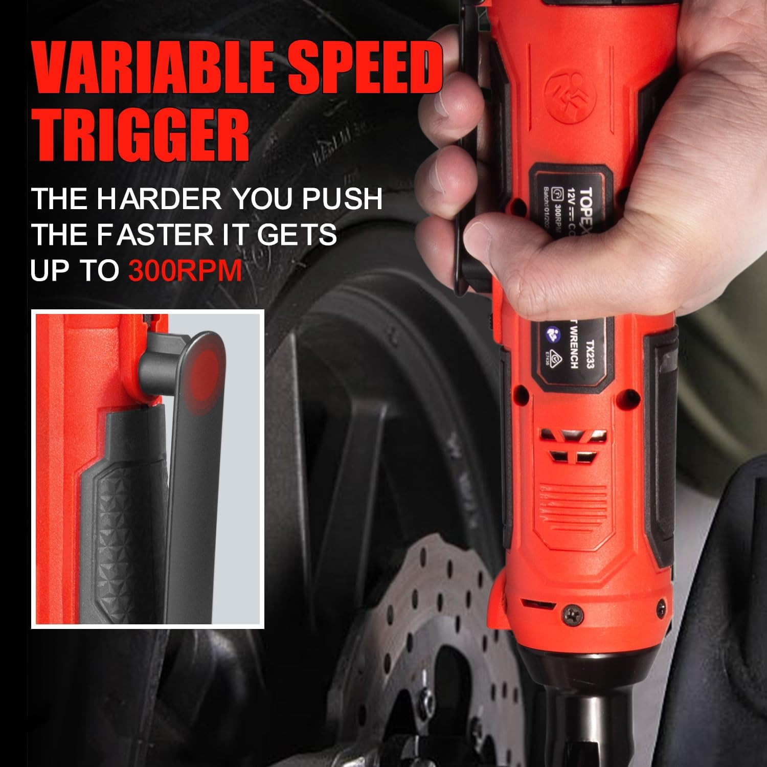 TOPEX 3/8" 12V Cordless Electric Ratchet Wrench 45NM 300RPM Variable Speed & LED Light, Electric Ratchet Driver Power Ratchet Tool Repair Tool W/Battery & Charger image number 6