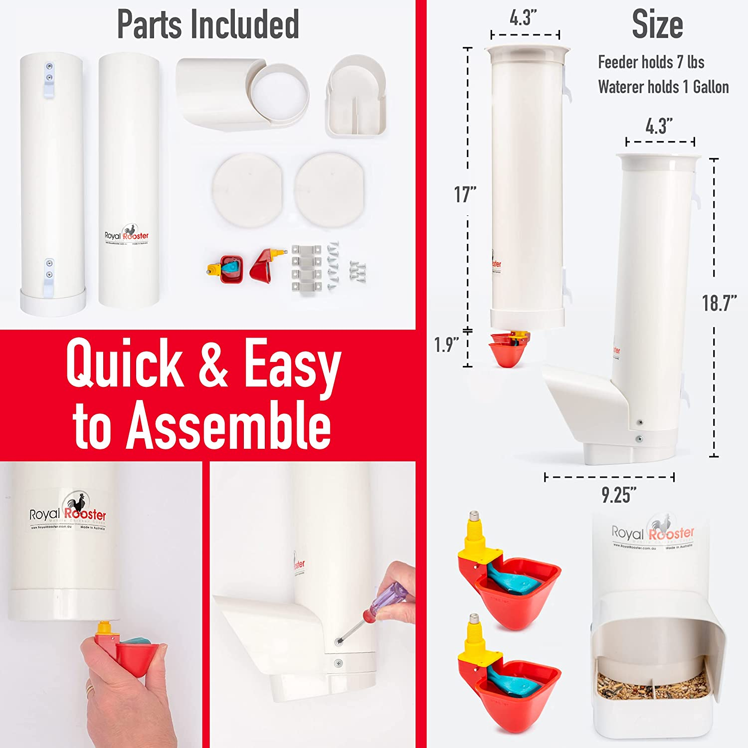 Royal Rooster Duck Feeder and Twin Waterer Set - Includes 4 Litre Waterer with 2 Cups & 3Kg Feeder for Ducks - Farm Backyard Coop Accessories with Hanging Duck Poultry Feeder and Duck Waterer Kit image number 1