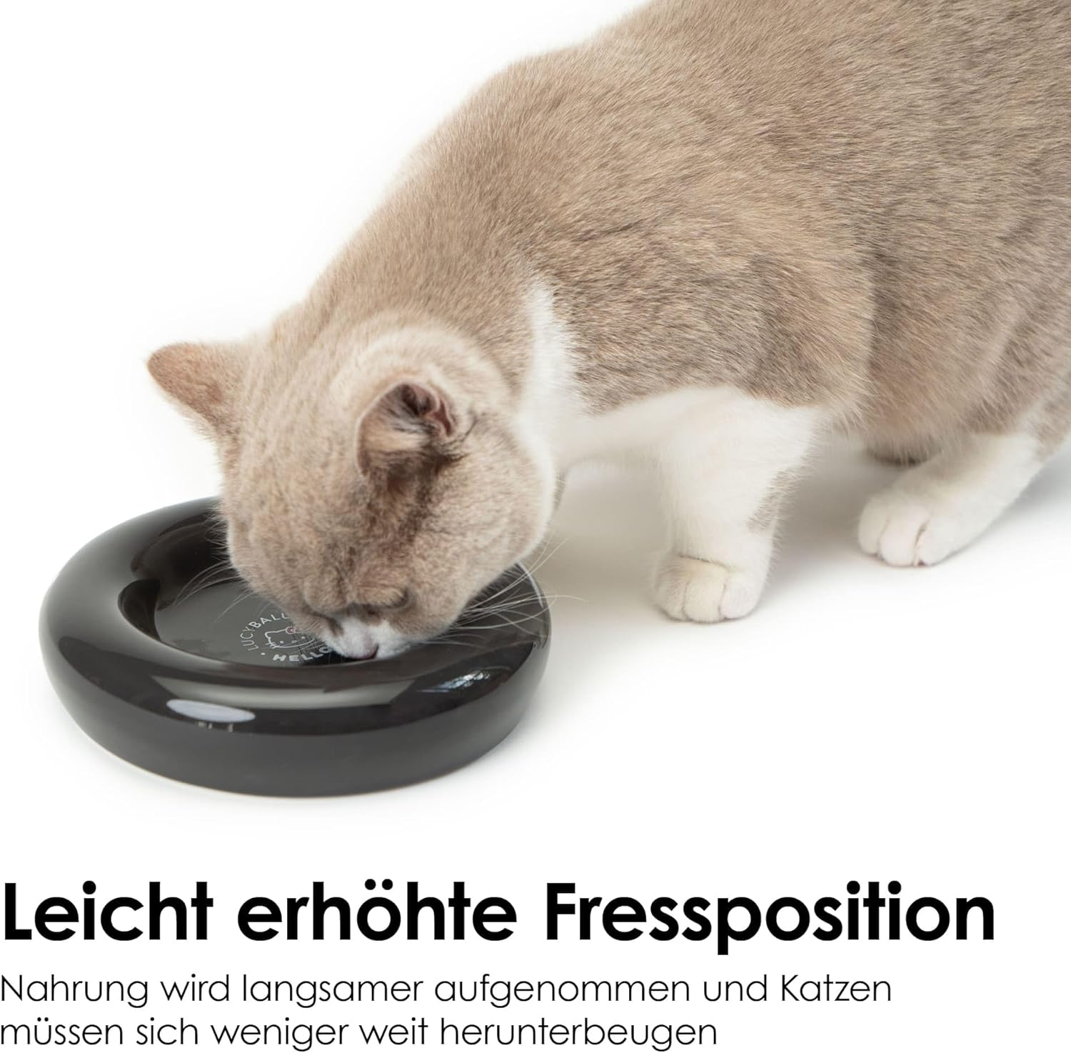 Lucybalu Hello Kitty Drop Porcelain Cat Bowl - Whisker Friendly, Raised Cat Feeding Bowl & Water Bowl - 17Cm X 20Cm X 3Cm - Black