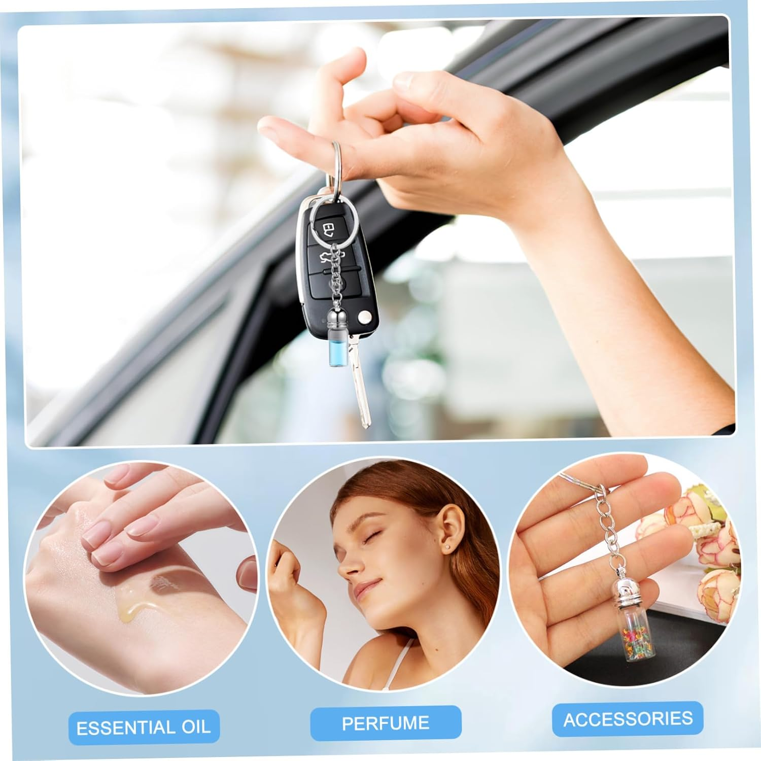 SOLUSTRE 3Pcs Small Transparent Glass Vials Keychain with Silver Acrylic Caps Multi-Functional Essential Oil Pendant Bottles for DIY Hanging Decor Travel and Purposes image number 4