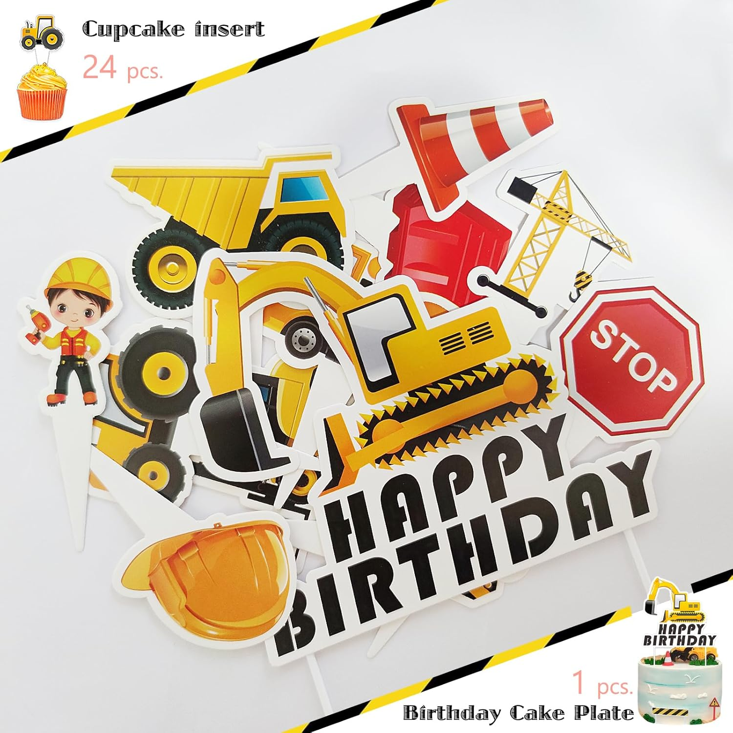 25 PCS Construction Digger Cake Topper Set - for Happy Birthday Party Supplies Boys Birthday Party Decorations