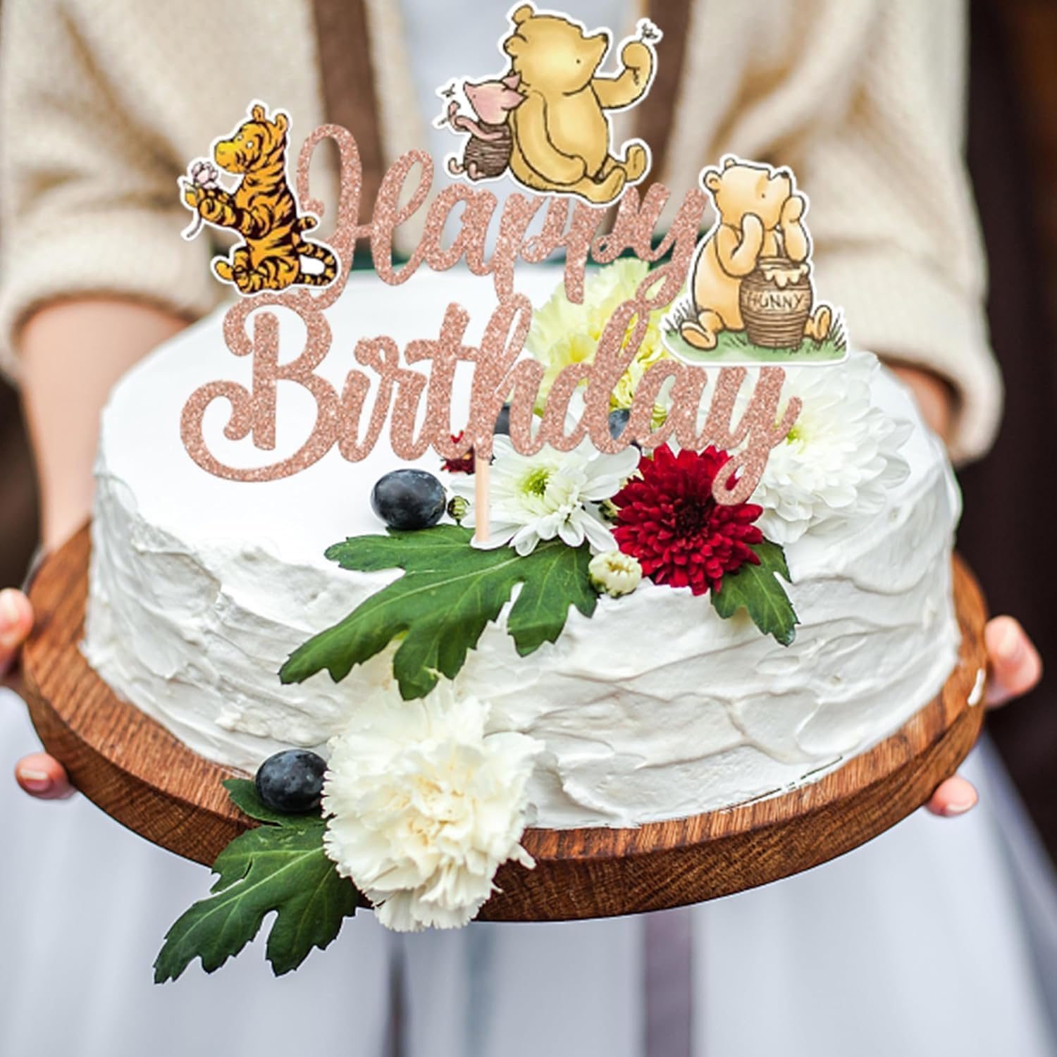 SYKYCTCY 1 Pack Winnie Happy Birthday Cake Topper Glitter Classic Birthday Cake Pick Cute Winnie Bear Cake Decorations for Baby Shower Bridal Shower Kids Birthday Party Supplies (Rosegold)