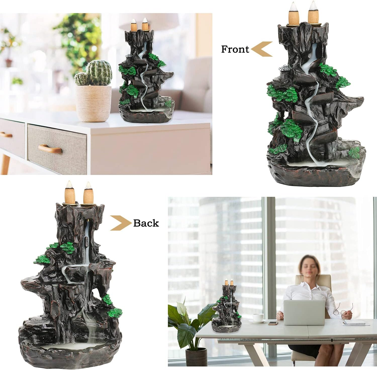 XUDREZ Mountain Backflow Incense Holder Resin Waterfall Incense Burner Incense Cones Holder Home Decor Gifts with 120Pcs Incense Cones image number 2