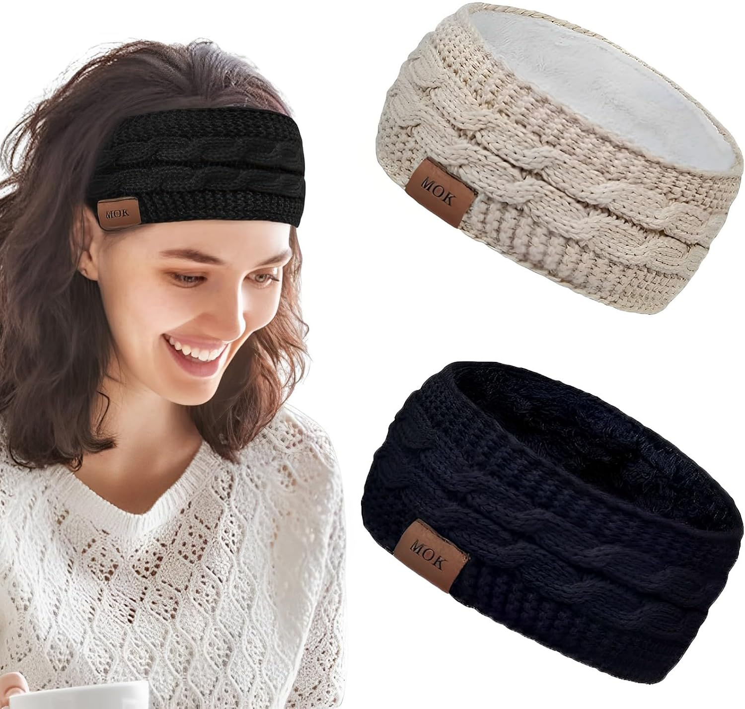 MOAZIFI Women'S Winter Knitted Headbands, Ear Warmers, Elastic Headband, Thickening, Winter Ear Warmers for Outdoor Sports, Shopping, Skiing, Running, Jogging (Black + Beige), 1, 1 St&uuml;ck (2Er Pack) image number 5
