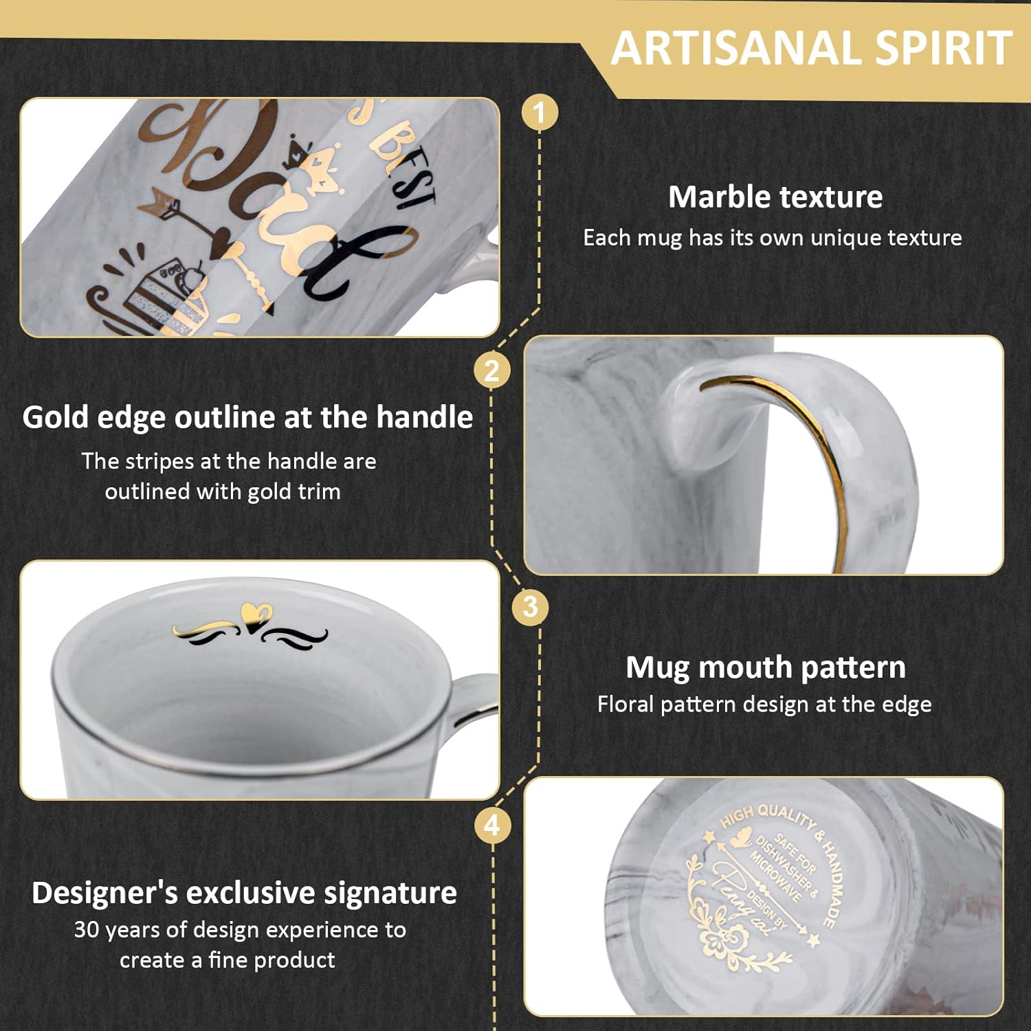 Fathers Day Gift from Daughter Son - World'S Best Dad - Daddy Mug Printed with Gold, Funny Dad Birthday Gifts Present for Dad, 14Oz Grey Ceramic Coffee Cup with Lid, Spoon, Greeting Card, Gift Boxed image number 2