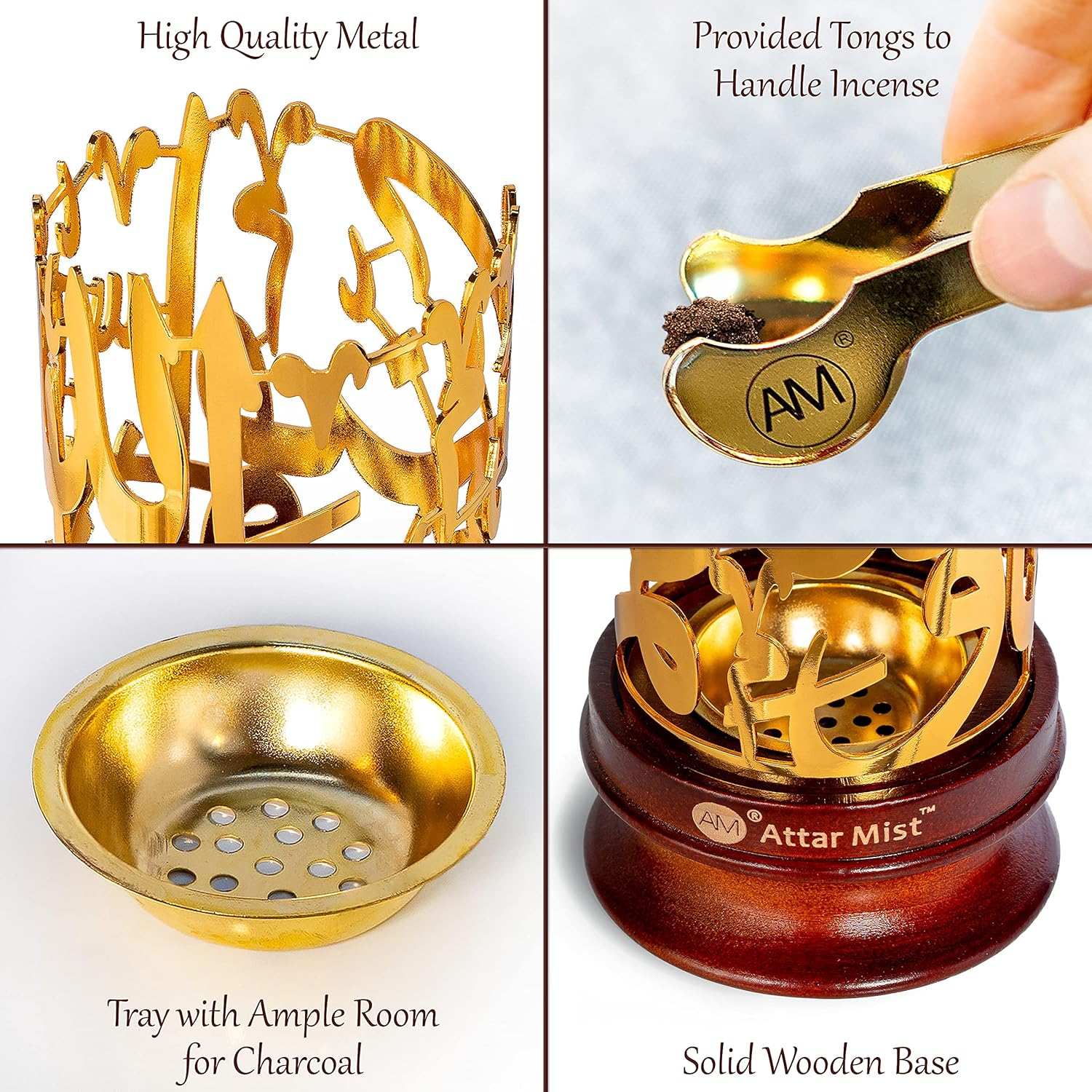 AM Bakhoor Calligraphy Incense Burner - Metalic Resin Cone Holder | Wooden Base | Frankincense Charcoal Burner (Mabkhara) | Spiritual Gifts for Office & Home Decor (Gold) - Silver image number 5