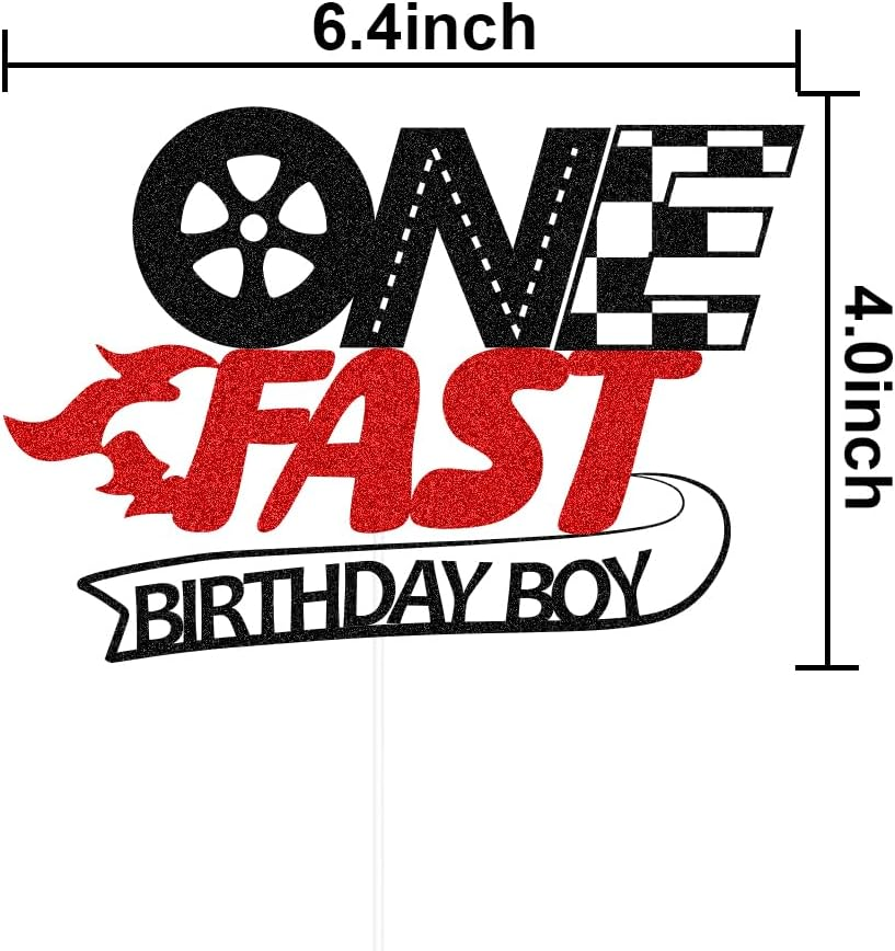 SWEETTALA One Fast Cake Topper Racing Car 1St Birthday Cake Decor Glitter 1St Birthday Party Decorations for Boys Black & Red image number 2