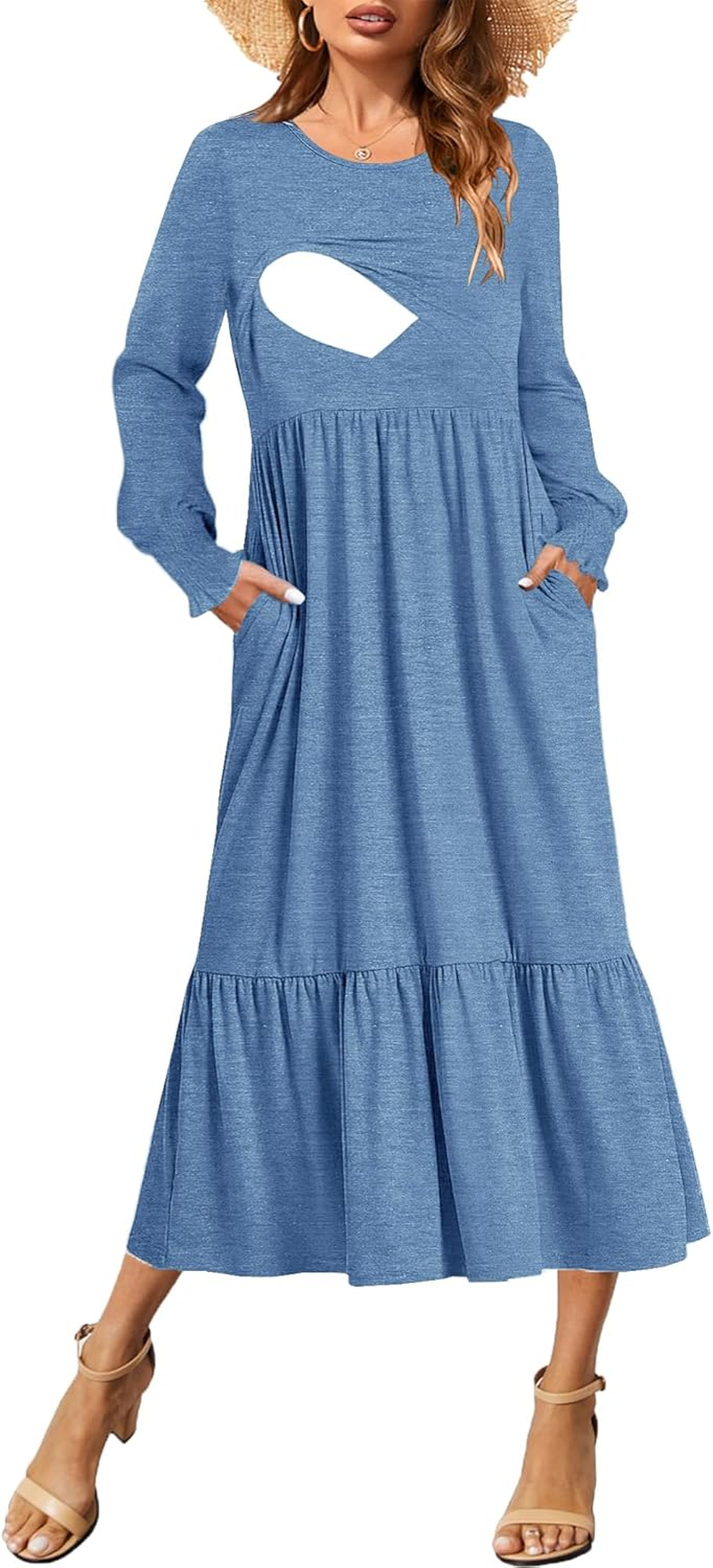 Women Nursing Dress Crew Neck Fall Maternity Flowy Long Sleeve Smocked Cuffs Tiered Cocktail Dresses with Pockets