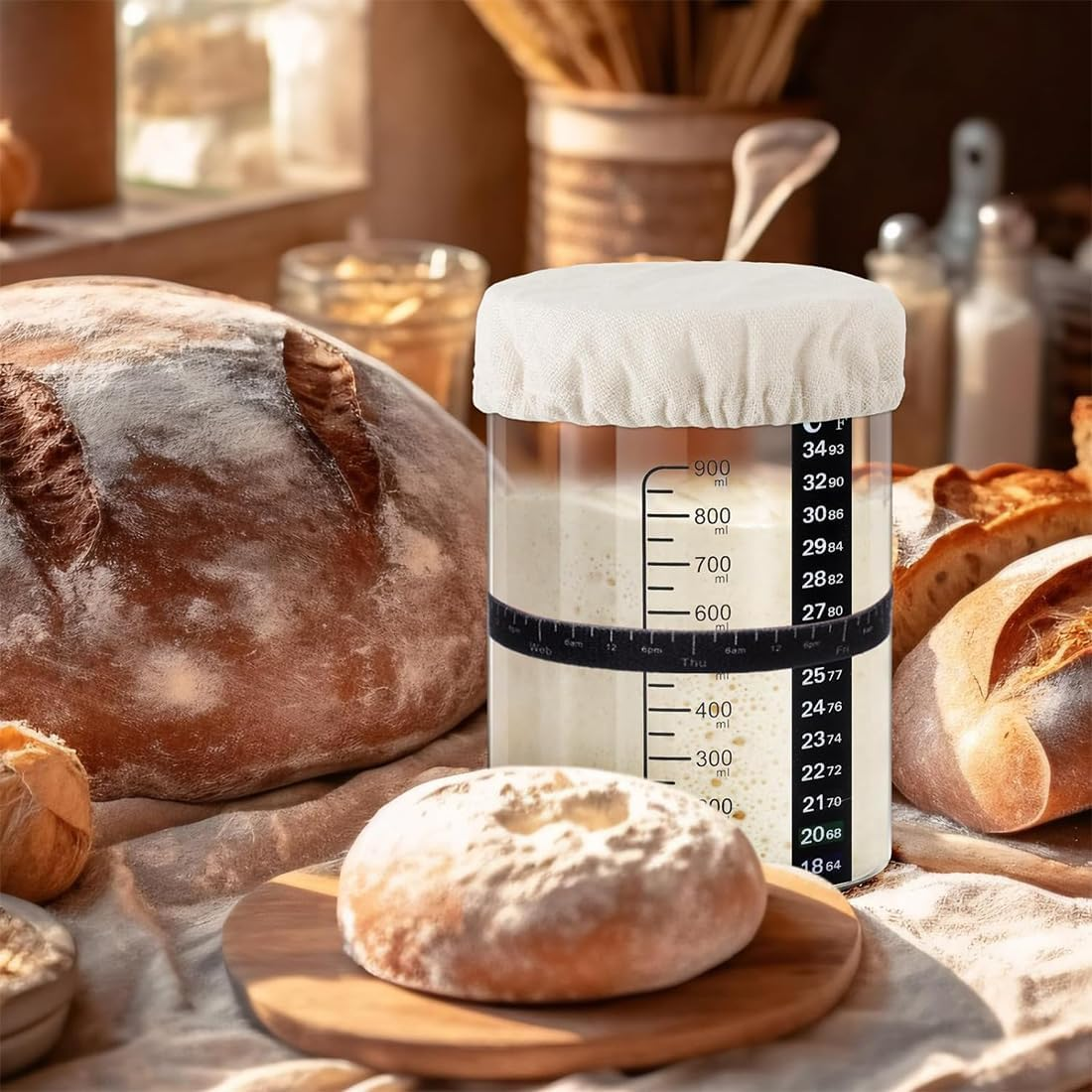 REASOR 2 Pack Sourdough Starter Jar Kit,35 Oz Glass Jars with Wooden Lids, Cloth Covers, Date Tracking Bands, and Silicone Spatulas for Artisan Bread Making