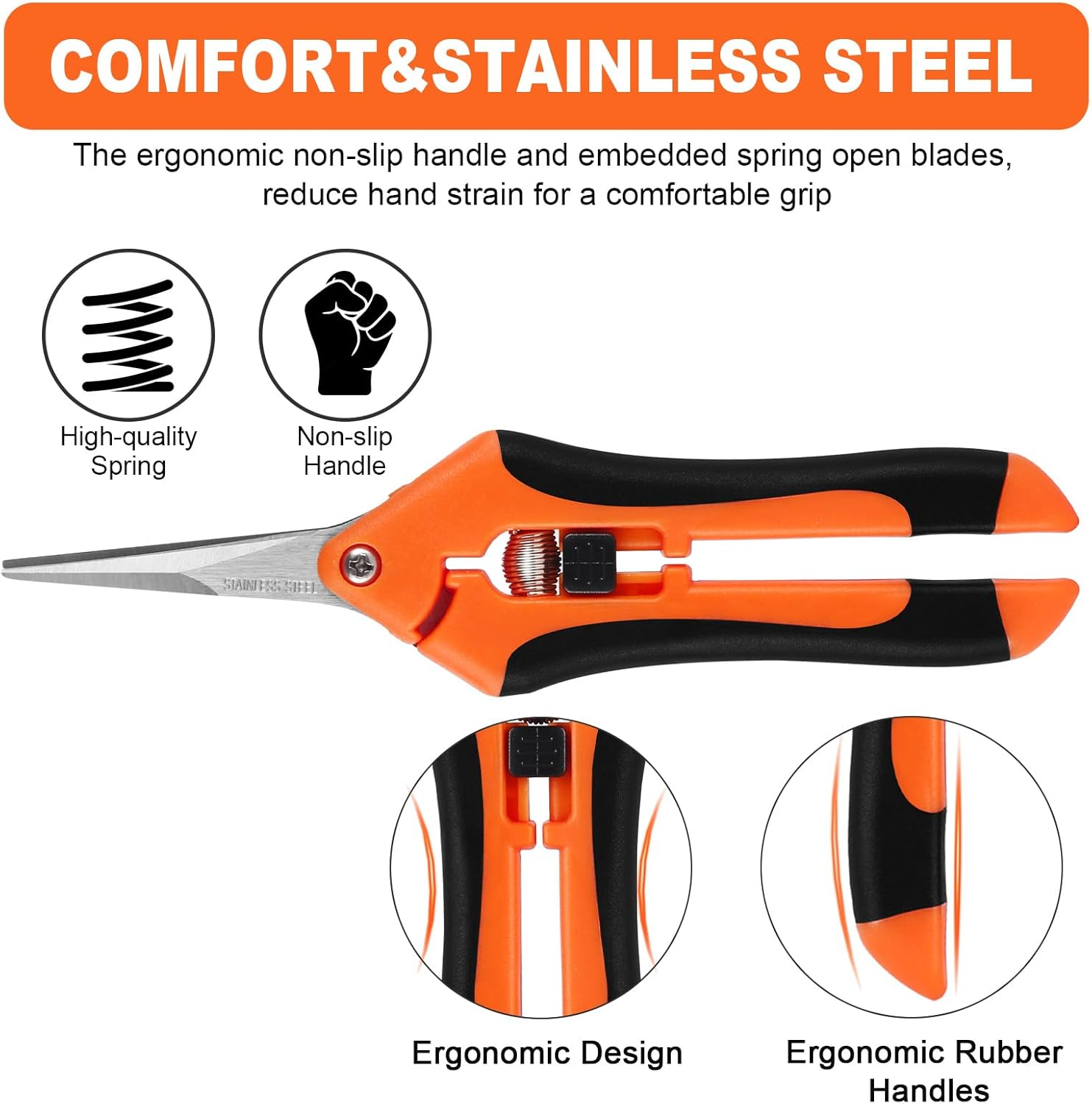 Wevove Pruning Shears, Garden Shears,6.5 Inch Gardening Scissors Hand Pruner with Straight Precision Stainless Steel Blades 1Pack(Orange) image number 5