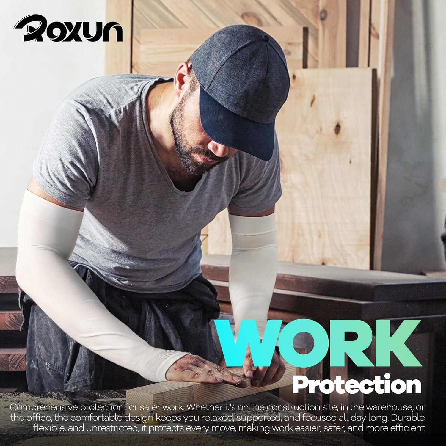 Arm Sleeves with Thumb Hole, UV Sun Protection Cooling Compression Cover Sports for Men/Women - 2 Pairs - Black+Blue image number 4