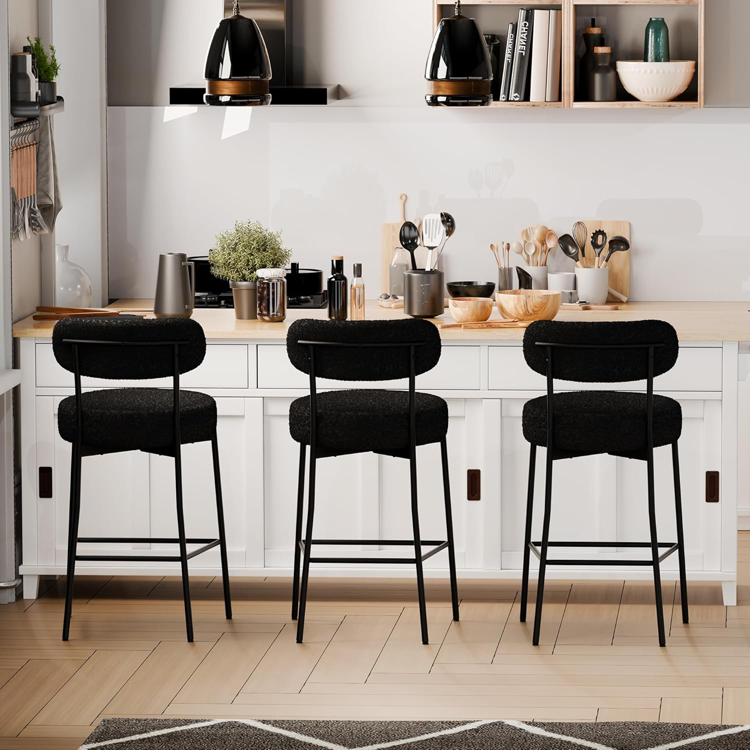 Bar Stools Set of 2, 70Cm Counter Height Bar Stools with Back, Upholstered Boucle Fabric, Modern Kitchen Island Stools for Counter, Breakfast Nook, Home & Cafe, White