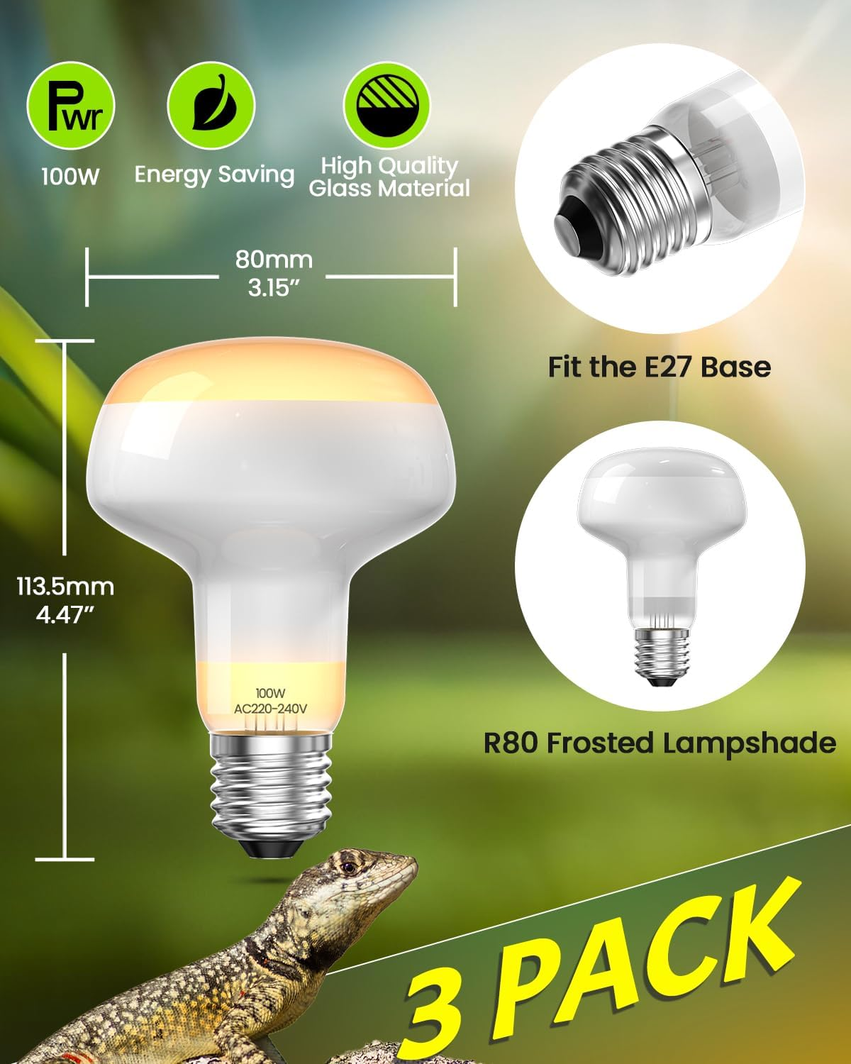 Bonlux Intense Heat Lamp Bulbs 100W, Dimmable UVA Basking Bulb E27 Daylight Reptile Heat Lamp Light Bulb for Lizards Tortoise Snakes Bearded Dragon Aquarium Amphibian (3-Pack)