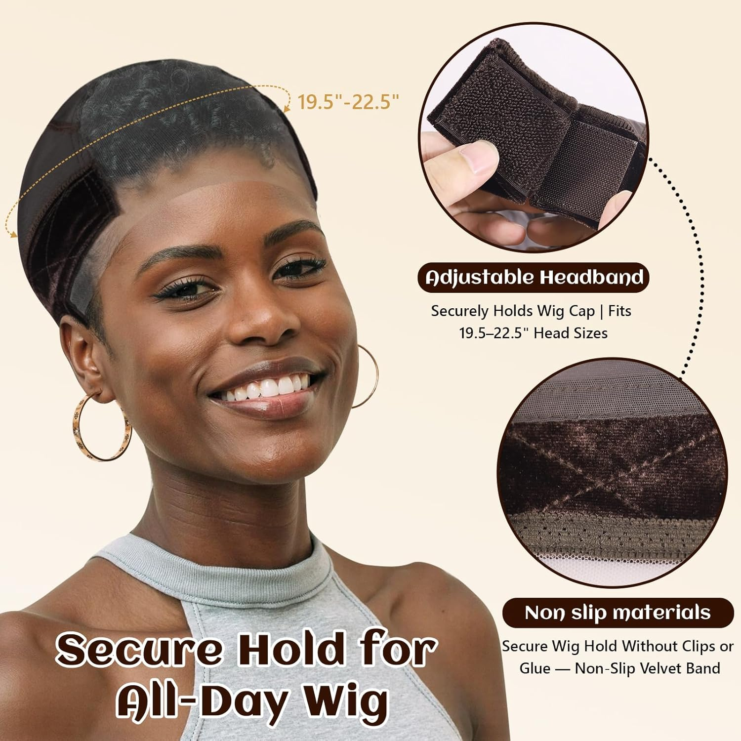 OFBIC Lace Wig Cap for Women Non Slip, Glueless Wig Grip Cap with 4X5 Transparent Swiss Lace Front, Adjustable Wig Cap with Velvet Grip Band (Brown) image number 6