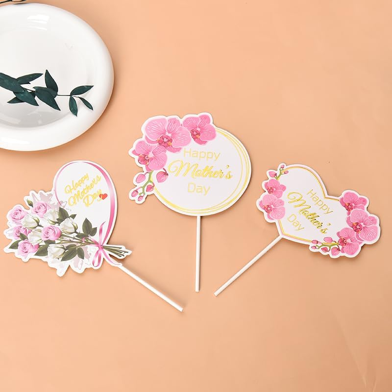 Happy Mothers Day Cake Topper Sign for Mother'S Day Cake Decorations for Women Mom Cupcake Toppers 3Pcs Heart round Rose Flower Floral Mothers Day Decorations Ideas image number 4
