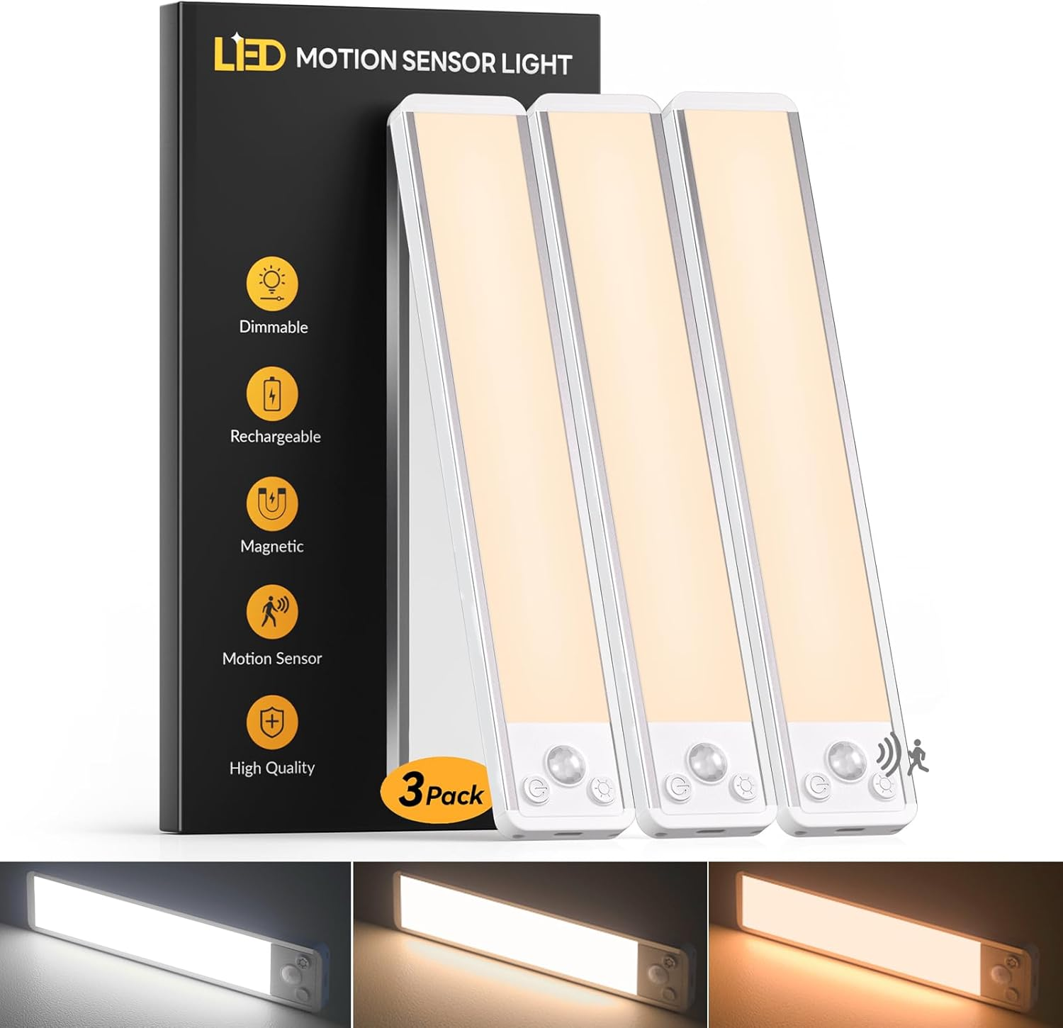 Cabinet Lighting LED Motion Sensor 20 Cm 3 Colours 2700-6000 K & Dimmable Under-Unit Light Kitchen Light Strip Rechargeable & Magnetic Wireless Light for Wardrobe, Shelf (Pack of 3)