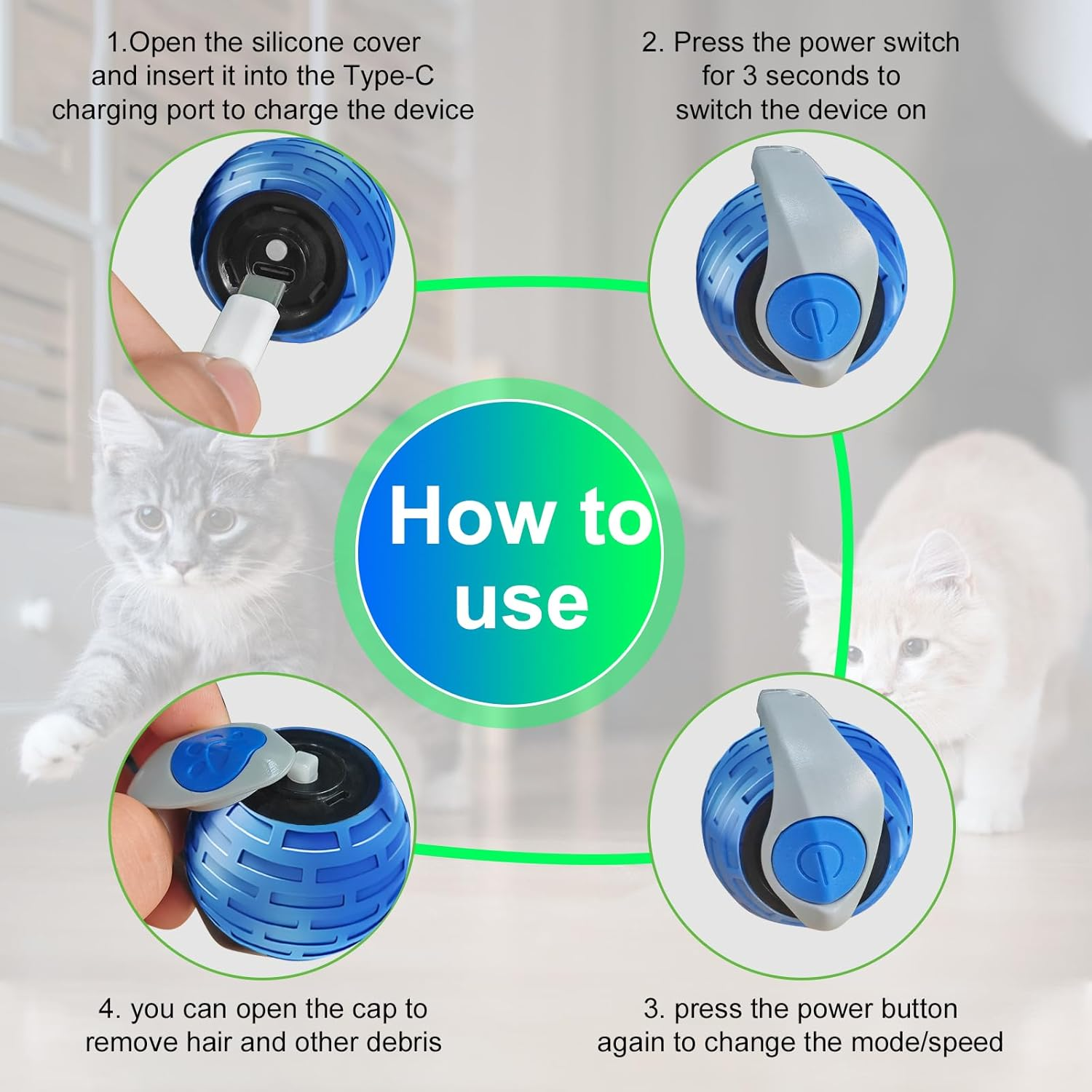 Wenosda Interactive Cat Toy Ball, 2Pcs Rechargeable Cat-Balls, Dog Automatic Electric Moving Rolling Ball, Rechargeable Smart Pet Toy with 2 Adjustment Modes (Blue +Red image number 1