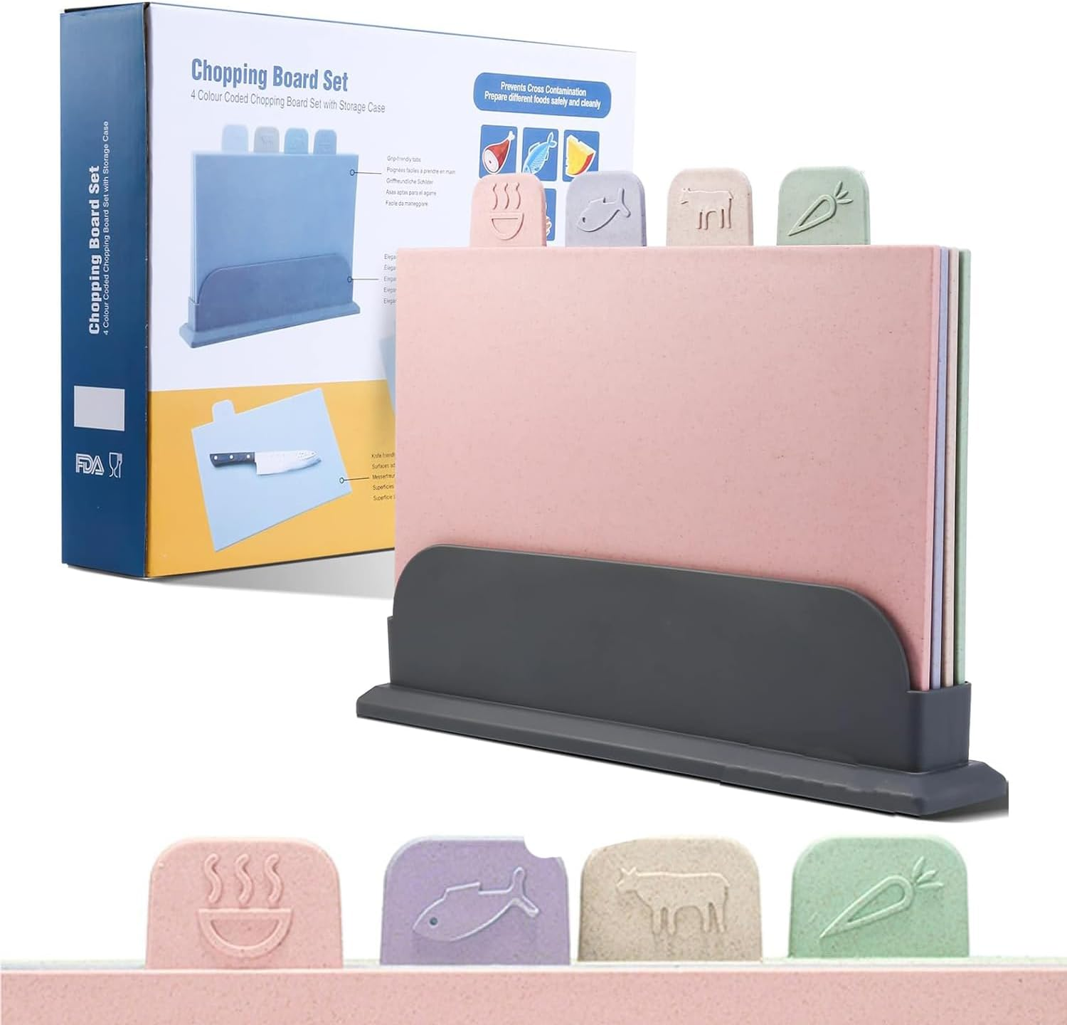 Cutting Board Set with Storage Stand,4 PCS Reversible Chopping Boards with Index Color Coded Food Icon for Various Food, Preventing Cross-Contamination, Wheat Straw Fiber, BPA Free image number 4