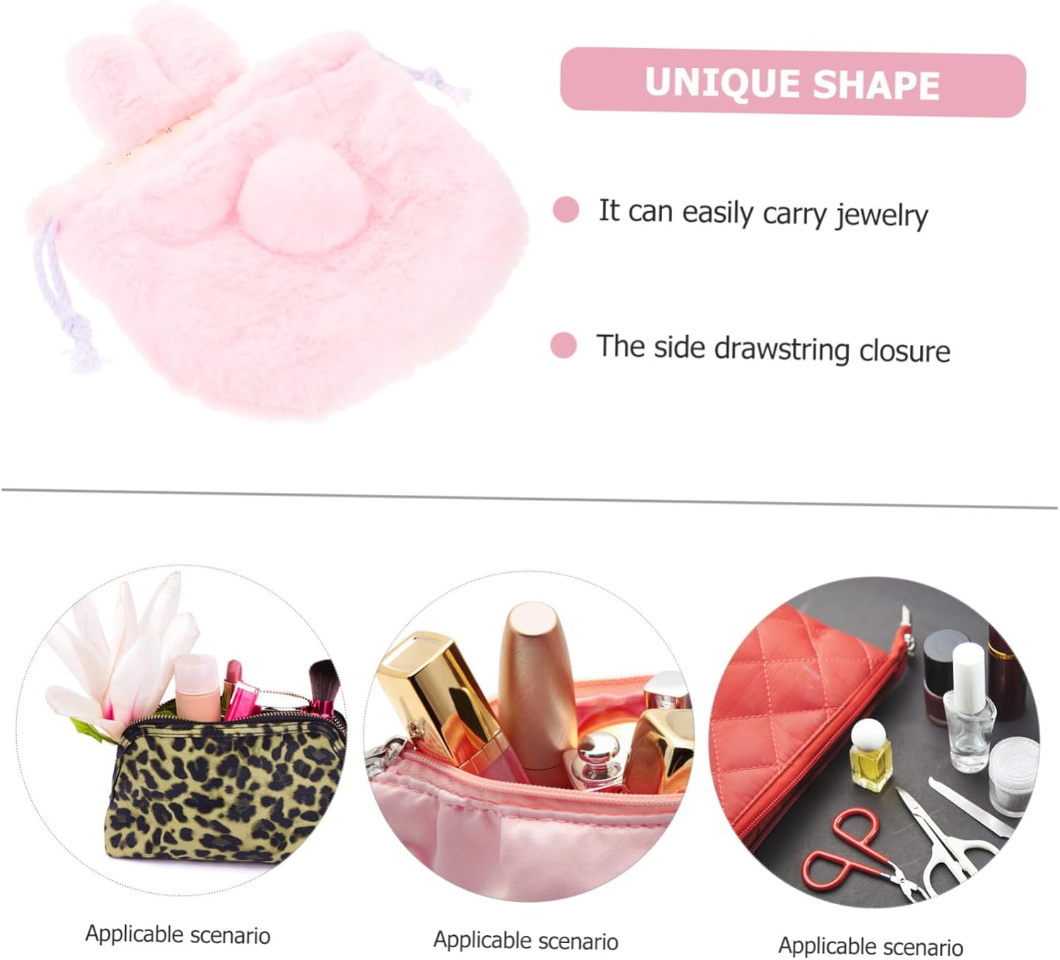 CTIRCHIU Plush Drawstring Cosmetic Bag Cute Bunny Toiletry Organizer Portable Makeup Pouch for Travel Outdoor Fitness Storage with Tear Resistant