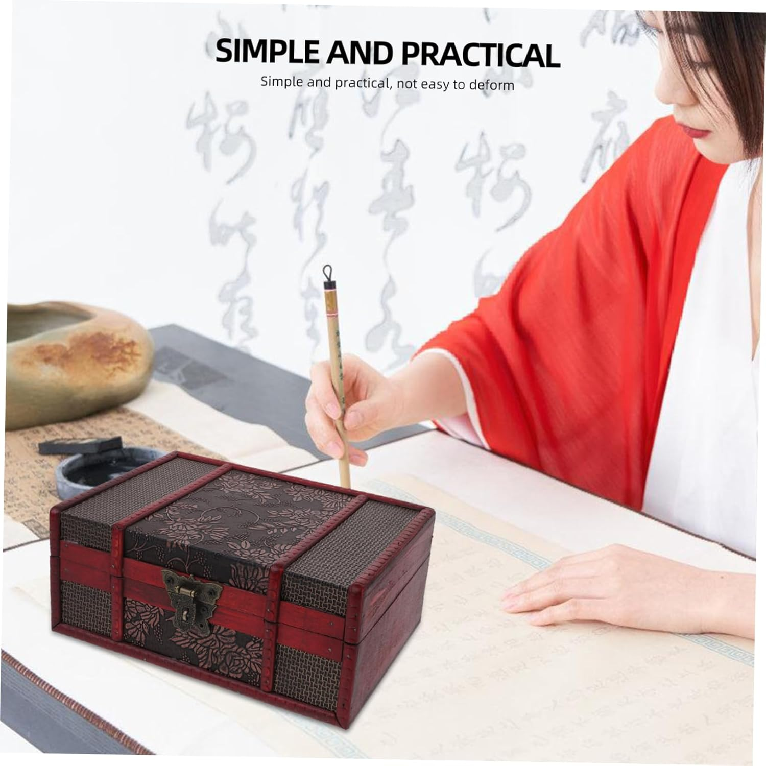 Wooden Bible Storage Box Lock Small Rectangular Wood Case Decorative Book Trinket Holder for Document and Organization Desktop Supply