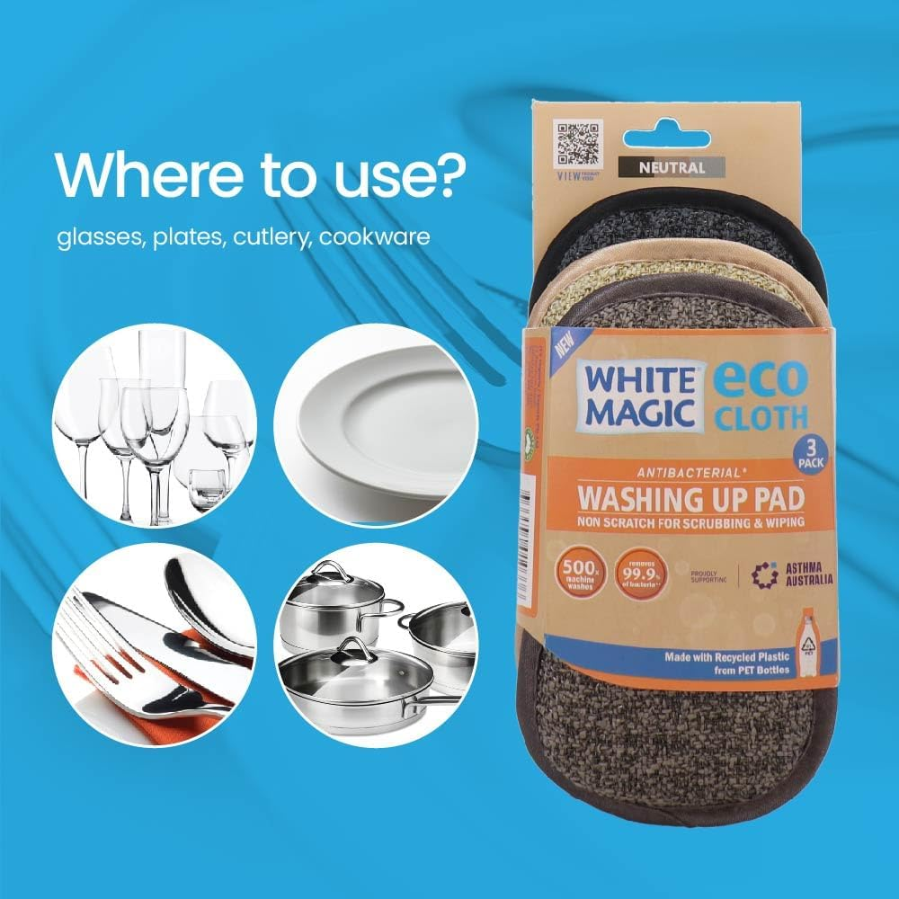 White Magic Eco Cloth Washing up Pad 3 Pack, Neutral - Double-Sided, Non-Scratch for Tough Messes & Gentle Cleaning, Machine Washable, Multi-Purpose Scrubbing Pads for Dishes & Surfaces image number 3